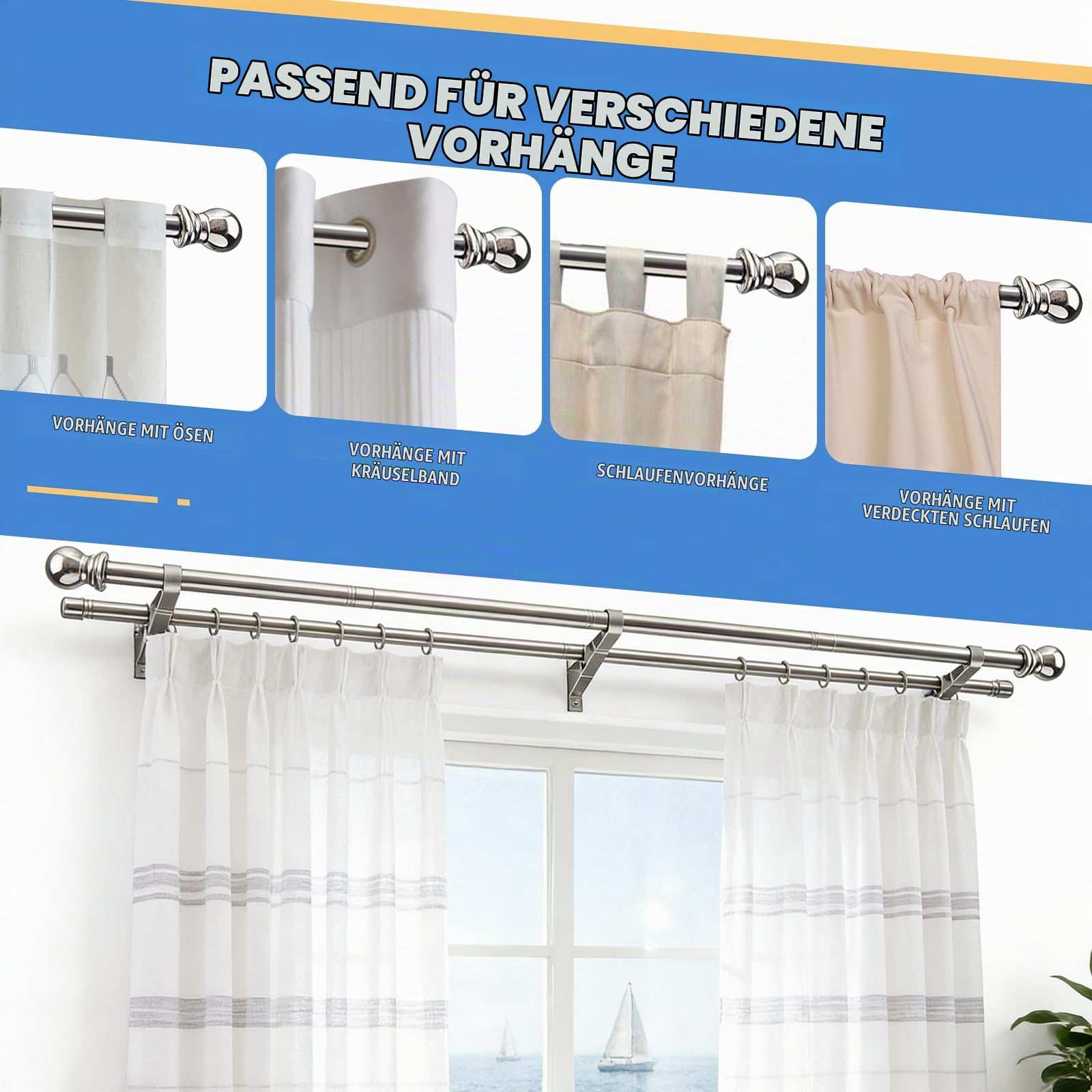 Doppelte Gardinenstangen, 2,5 cm schwere doppelte Fensterstangen, 76–366 cm verstellbare Gardinenstangen für Glasschiebetüren, Terrassen, Schlafzimmer, silber