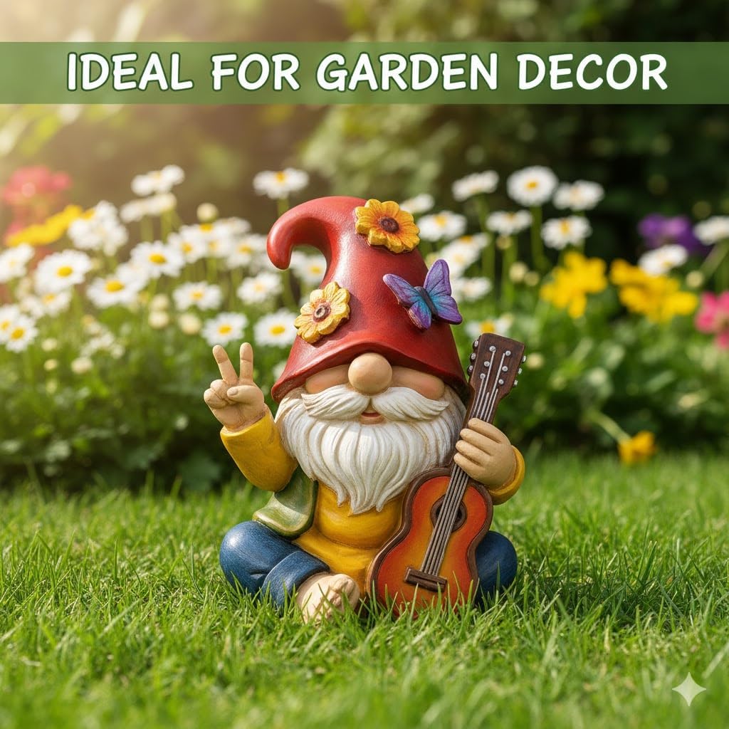 Peace Sign Garden Gnome Figurine Outdoor Statue, Funny Guitar Playing Dwarf Rock Music Decor - 6‘’ Resin Lawn Ornament, Unique Housewarming Gift for Music Lovers & Gardeners (Red) - Image 5