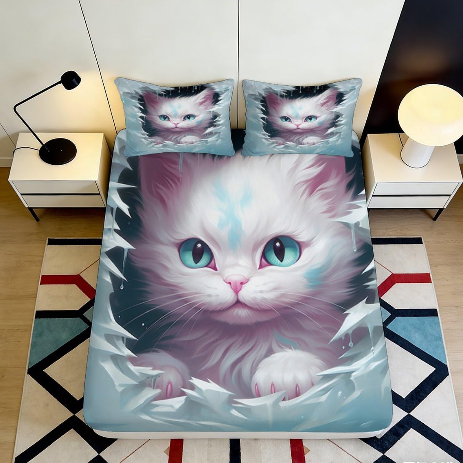 3D Printed White Cat Fitted Sheet Microfiber Soft Non-Slip Cute Blue Eyes Bed Cover for Bedroom Guestroom Decor 90x200x25cm