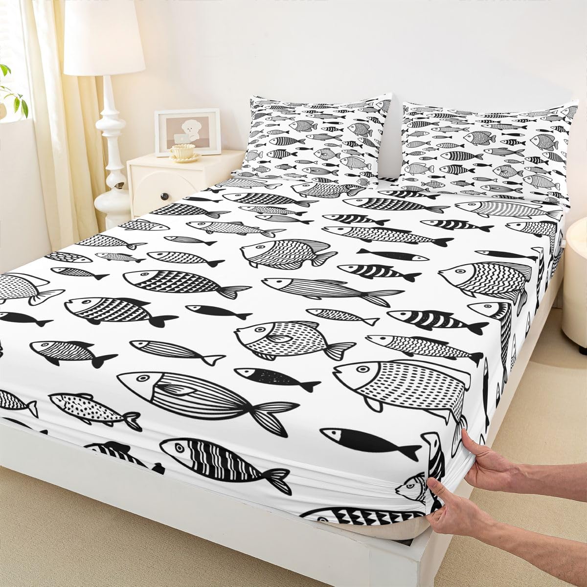 Homewish Uroczy zestaw prześcieradeł rybnych podwójne prześcieradła inspirowane oceanem pościel z motywem ryby - zestaw pościeli o tematyce jeziora 4-częściowy