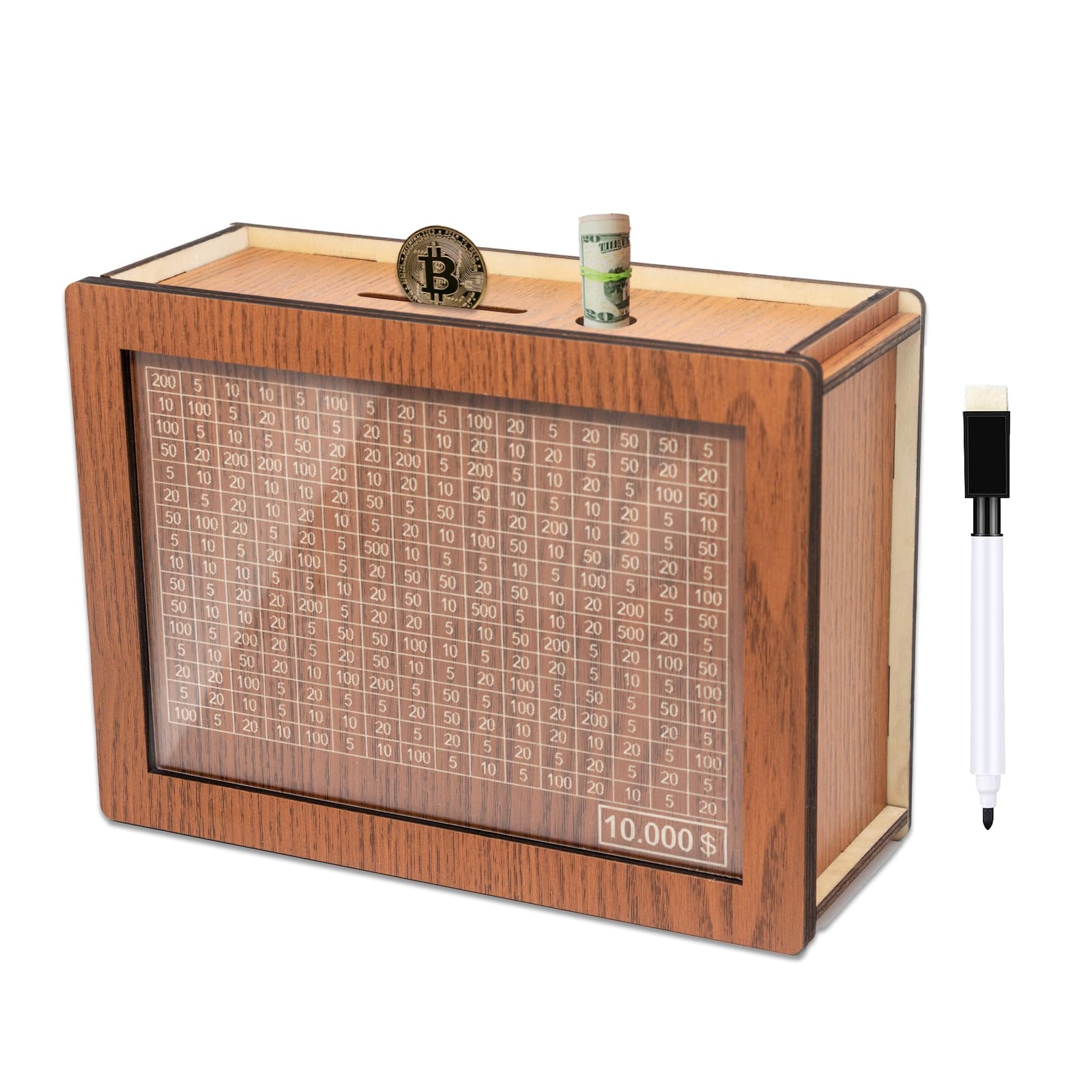 10000 Savings Challenge Box 10 000 Cash Vault Wooden Savings Box for Kids & Adults, Wipeable 10k Savings Challenge Box with Counter, Money Saving Box for Cash Coin, Birthday Piggy Bank Gifts