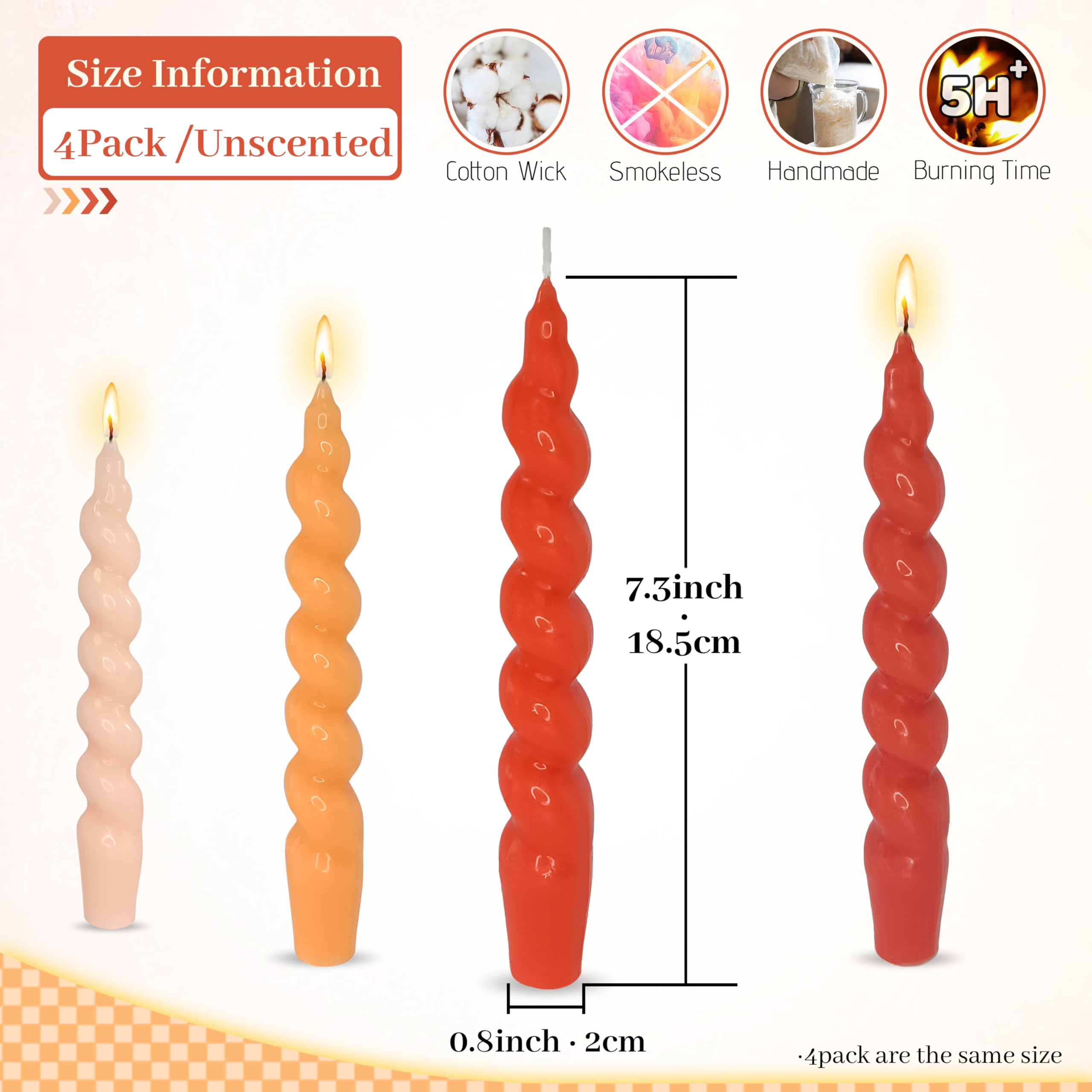 Unscented Colorful Spiral Candle Gradient Orange 7.5 Inch Short Twisted Candlesticks Smokeless Swirl Candles for Dinner Holiday Home Decor
