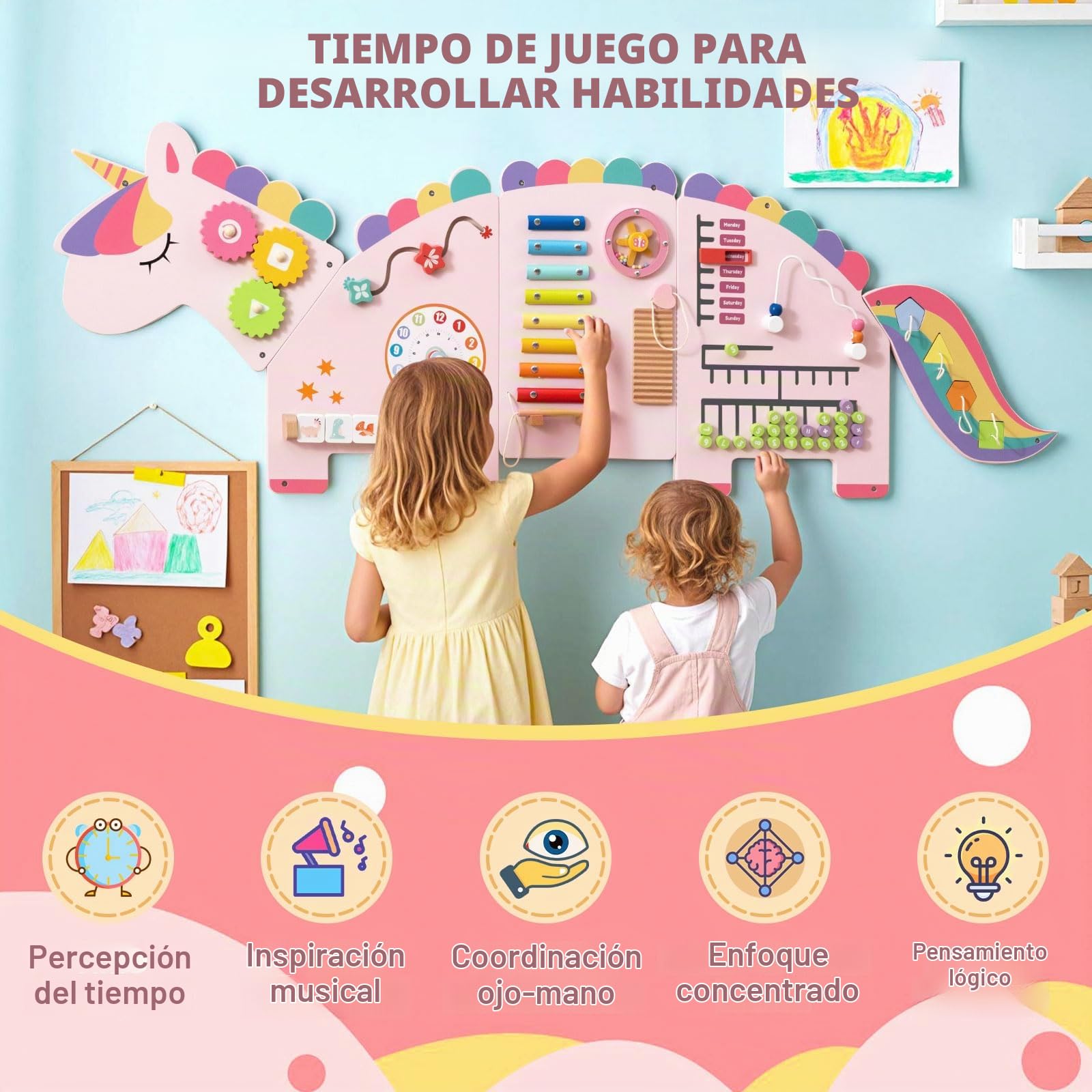 FANTASK Tabla de motricidad de Madera, Montessori Busy Board 11 en 1 con Bloques de xilófono ábaco para la promoción temprana, Juguete Educativo para el Desarrollo de la motricidad Fina para niños