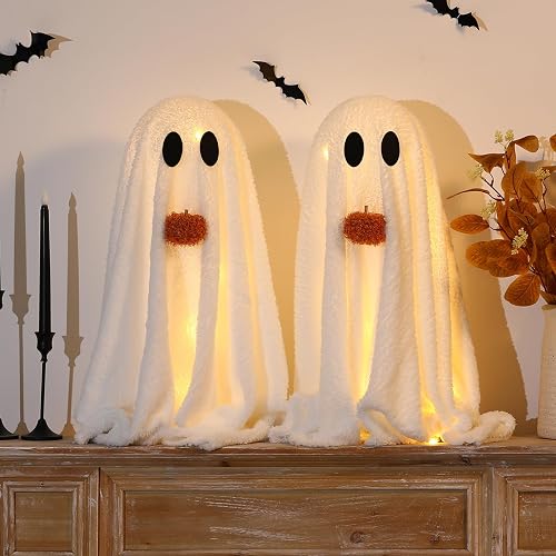 Halloween Decorations-2 Pack Light-Up Sherpa Ghosts with Pumpkin Halloween Decor