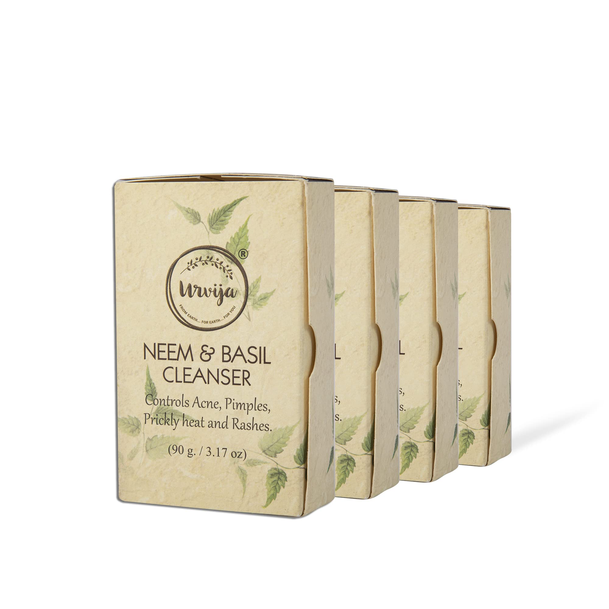Urvija Neem and Basil Cleanser Soap Essential Oil Based Handmade Soap, Improves Skin Texture for All Skin Type, 90g each (Pack of 4)