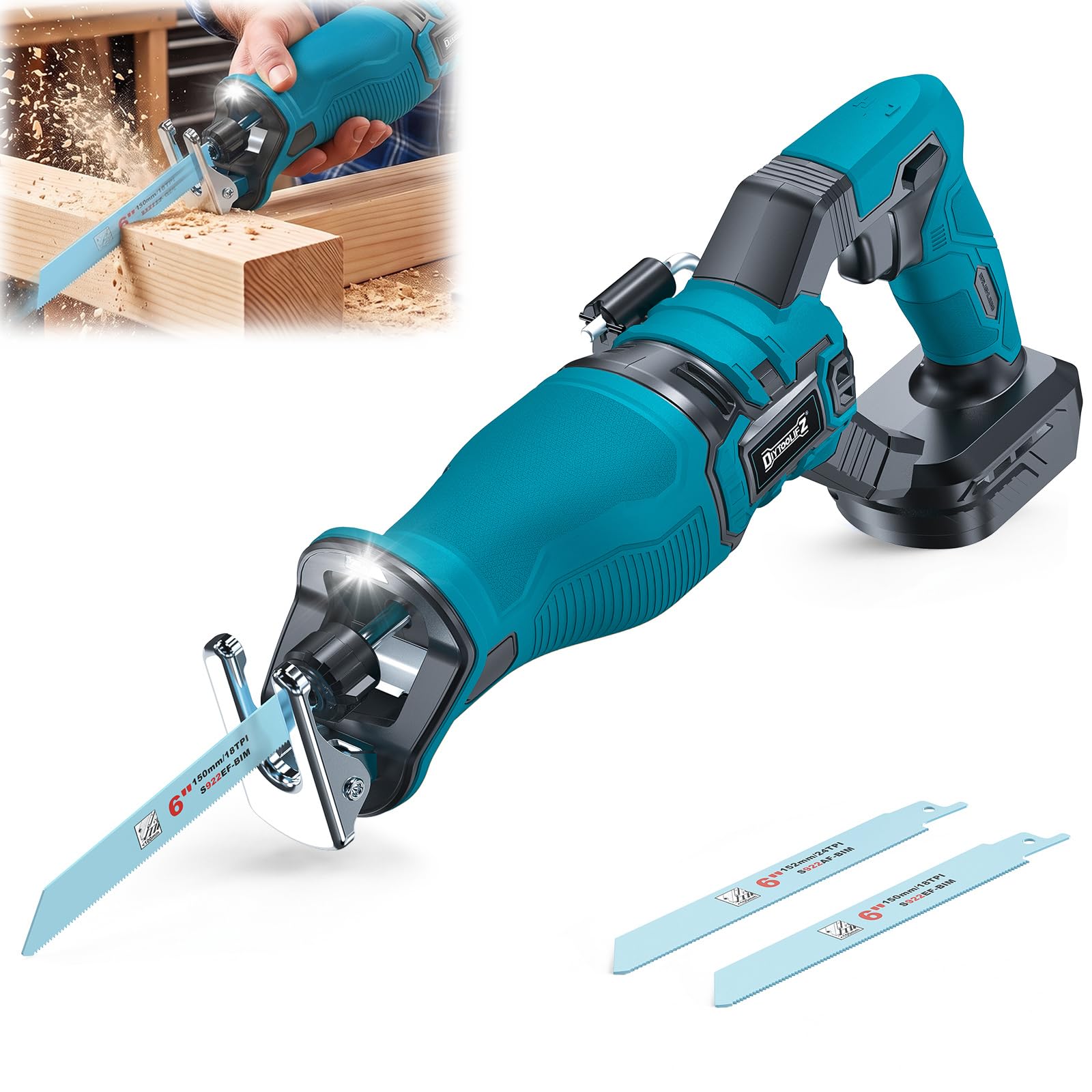 Diytoolifz Brushless Cordless Reciprocating Saw Compatible with Makita 18V Battery, 1-1/8" Stroke &amp;3000 SPM with Anti-Vibration Structure for Stable Cutting, 2 Blades for Wood, Metal &amp; PVC(Tool Only)