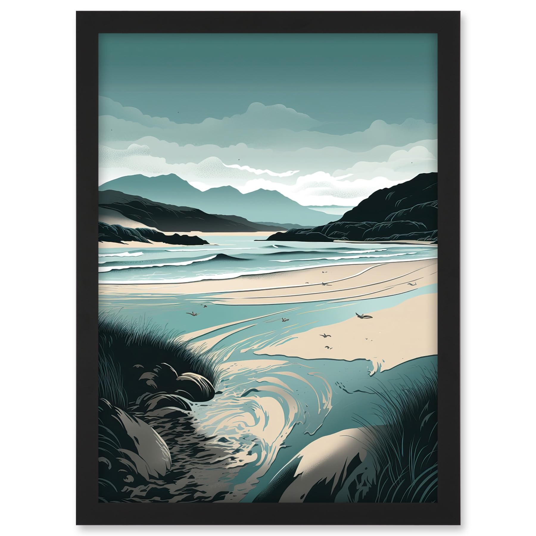 Artery8 Luskentyre Sands Coastal Landscape Illustration Artwork Framed A3 Wall Art Print