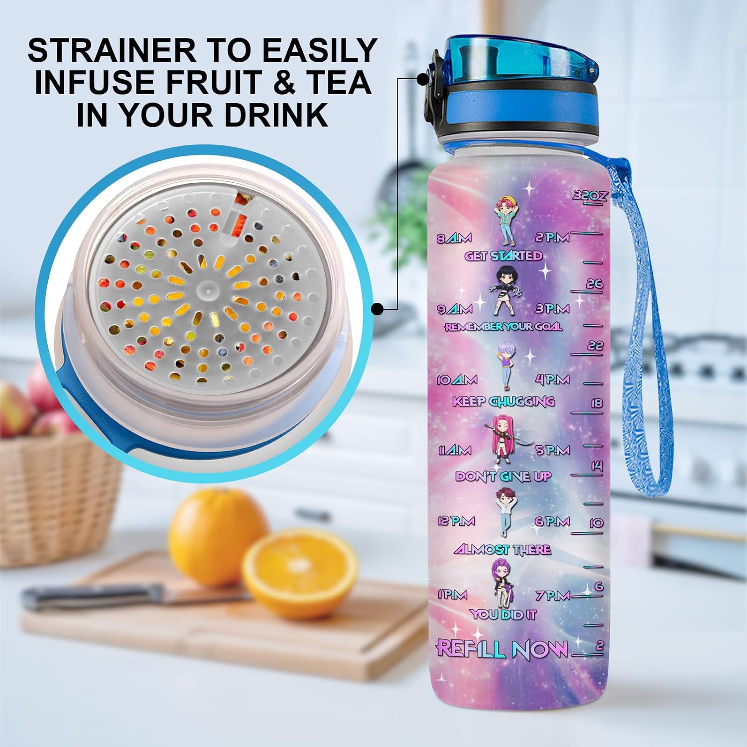 Demon Style 32oz Water Bottle with Time Marker, Cute Kawaii Cartoon Design Hydration Bottle, Reusable Drinking Bottle Gift for Teens Girls Women