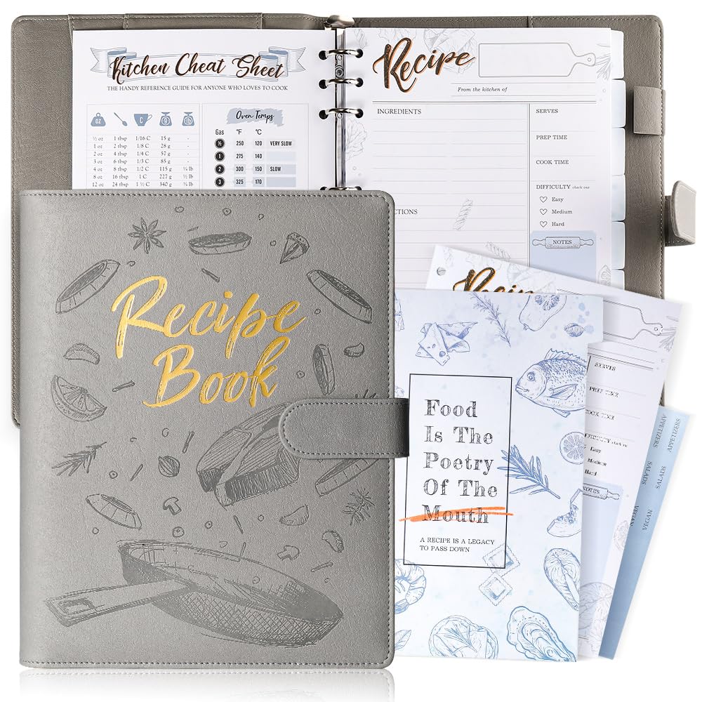 AISBUGUR Libro di ricette bianco per scrivere le tue ricette, quaderno per ricette fai da te a 9 anelli, raccoglitore per ricette con copertina rigida, organizer per ricette personalizzato con 160
