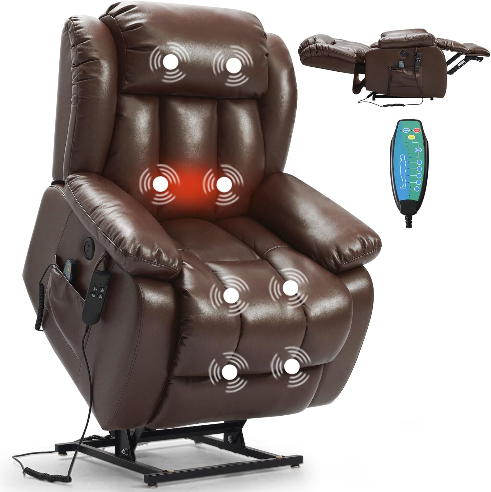 PARKOL Dual Motor Power Lift Recliner Chair for Elderly, 180-Degree Infinite Position Lay Flat Leather Recliner Chairs, with Massage and Heating, USB & Type-C Port and Remote (Brown)