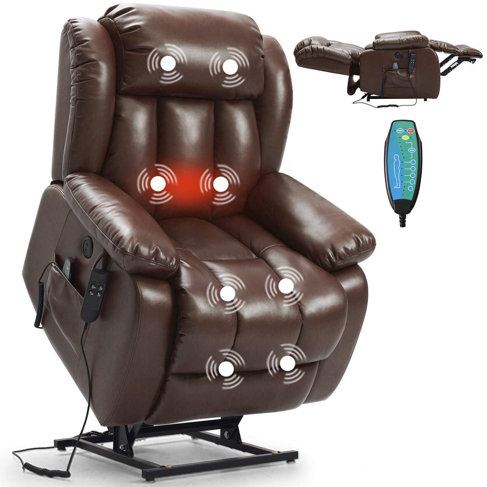 PARKOL Dual Motor Power Lift Recliner Chair for Elderly, 180-Degree Infinite Position Lay Flat Leather Recliner Chairs, with Massage and Heating, USB