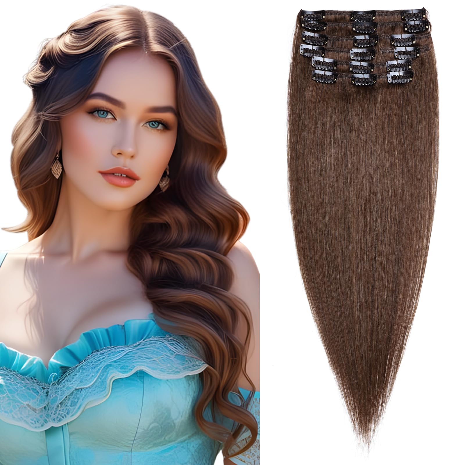 Elailite Clip in Human Hair Extensions Real Hair 8 Pcs Normal Weft Full Head Straight - #4 Medium Brown - 16 Inch (75 g)