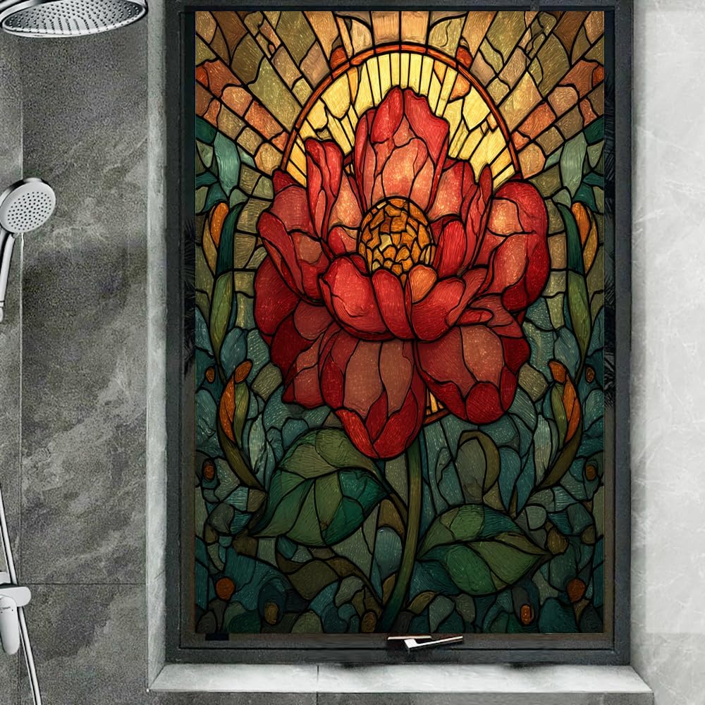 Nature Sunlight Flower Privacy Window Film, Red Botanical Mosaic Frosted Self-Adhesive Vinyl Cling for Glass Doors Bathroom Windows Sun Blocking Heat Control, 27.6Wx47.2L inch