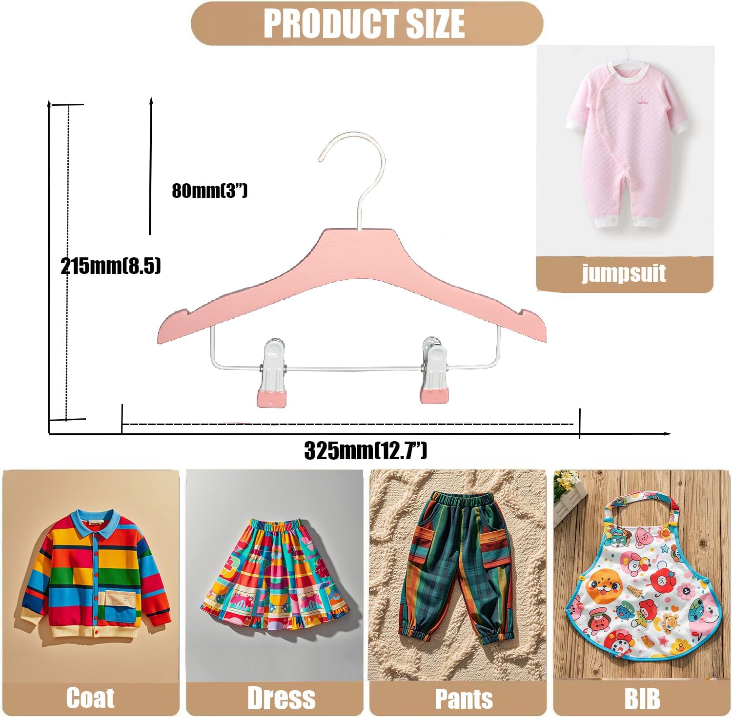 Pink 12.7" Ultra-Thin Wooden Children Closet Clothes Clips Hangers 20PCS Wood Baby Kids Coat Hangers for Infant Toddler Newborn Jumpsuit Pants Skirts Jeans Space Saving Heavy Duty Durable