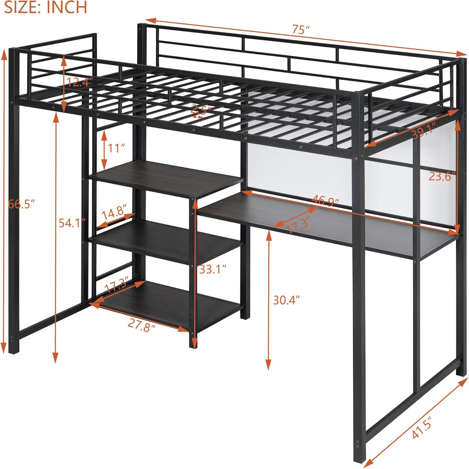 Harper & Bright Designs Twin Size Loft Bed with Desk and Whiteboard, Mental Loft Bed with 3 Shelves and Ladder, Black