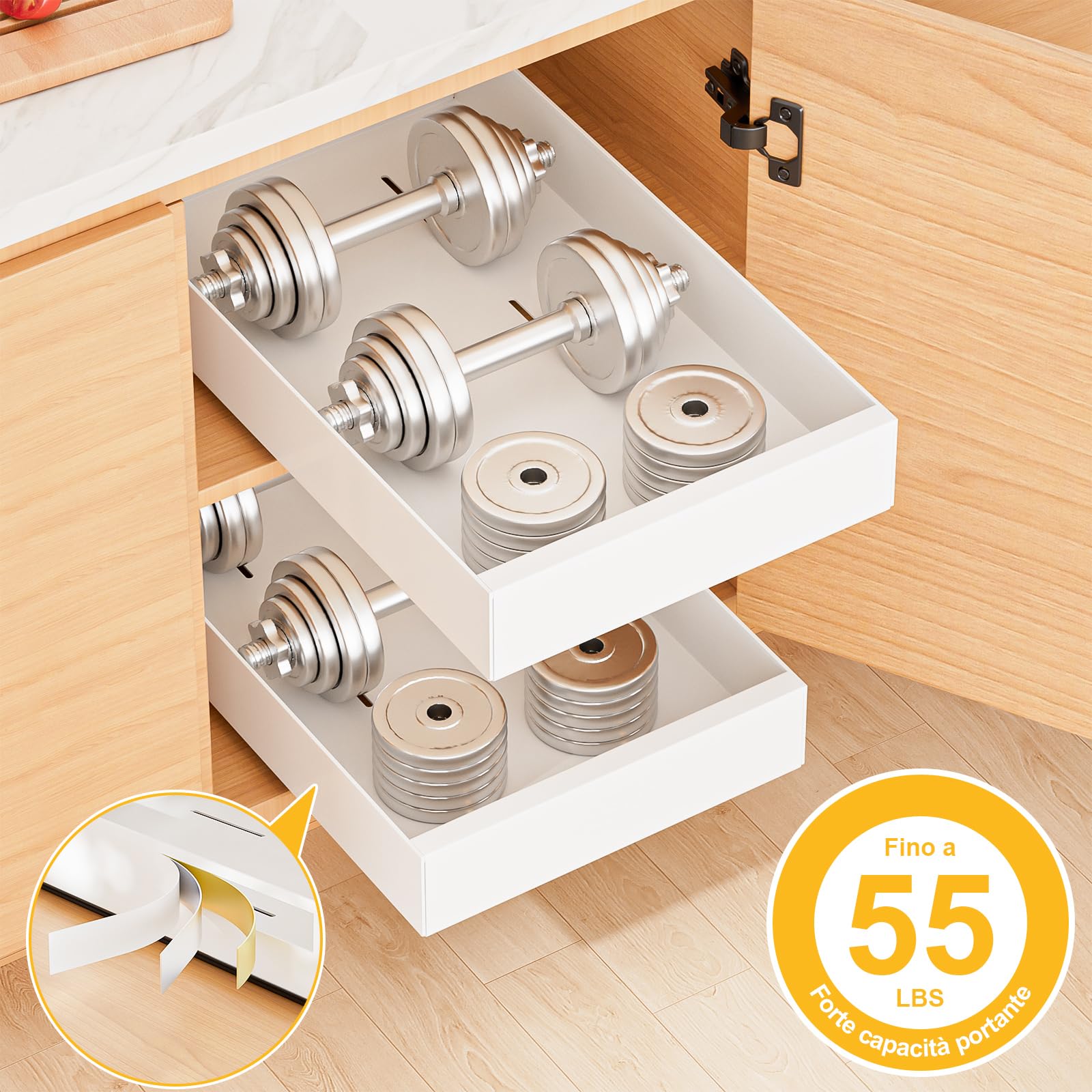 2 Pezzi Cassetto Telescopico Cassetto Estraibile Cucina Ripiani per Cassetti Estraibili per Armadio da Cucina Senza Bisogno di Trapano e Chiodi (25CM L x 43CM P x 7CM)