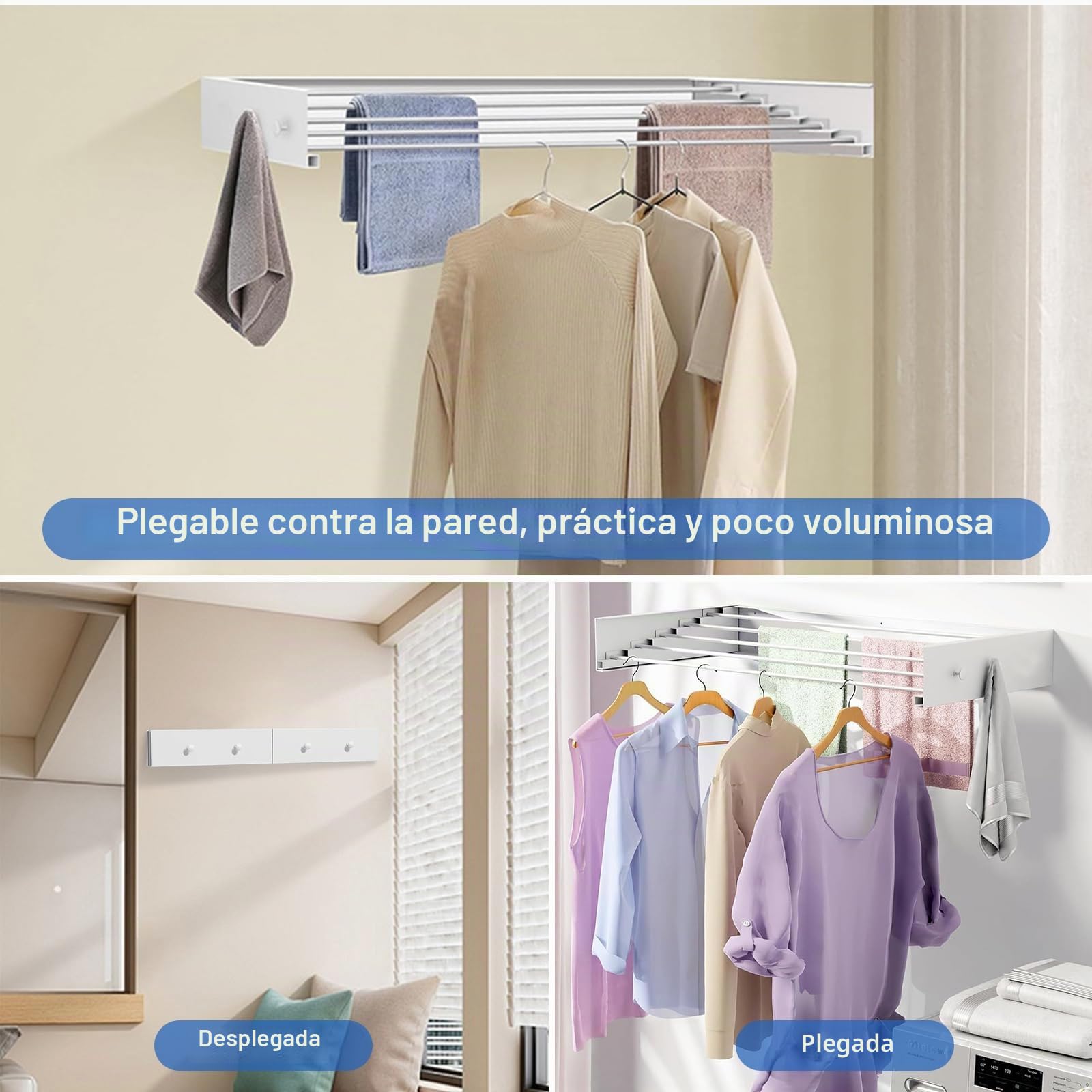 TWSOUL Tendedero de Pared, 60 cm, de Acero Inoxidable, Extensible, Plegable, con 6 Ganchos, Capacidad de Carga de 50 kg, para Interior o Exterior, balcón, terraza (60 cm)