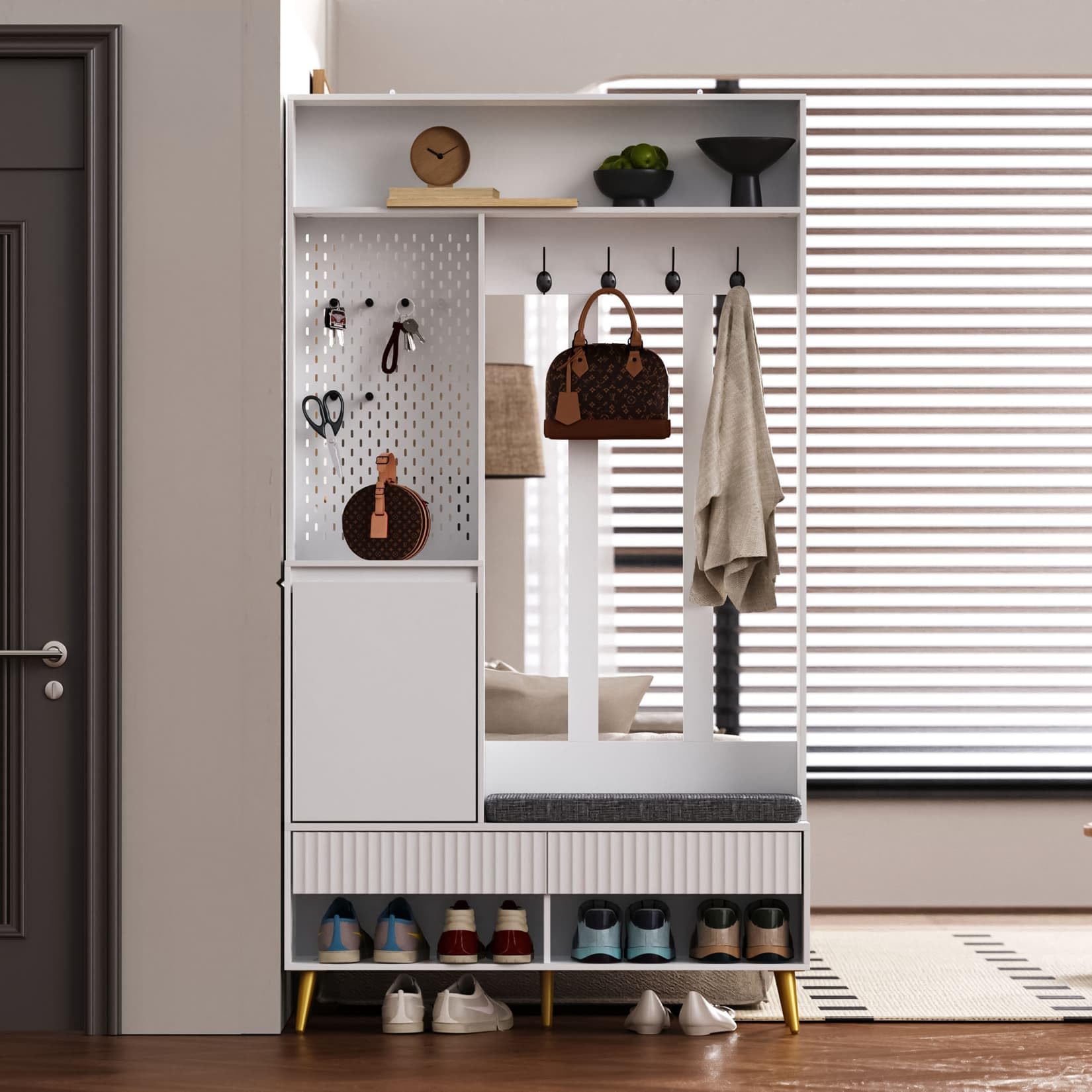 Meuble D’Entree 100x35x180cm,Vestiaire D'entrée,Porte Manteau avec Banc Rembourré,Rangement Chaussure,2 Tiroirs,4 Crochets,Étagère Ouverte,Panneau Perforé,pour Couloir (E-Blanc)