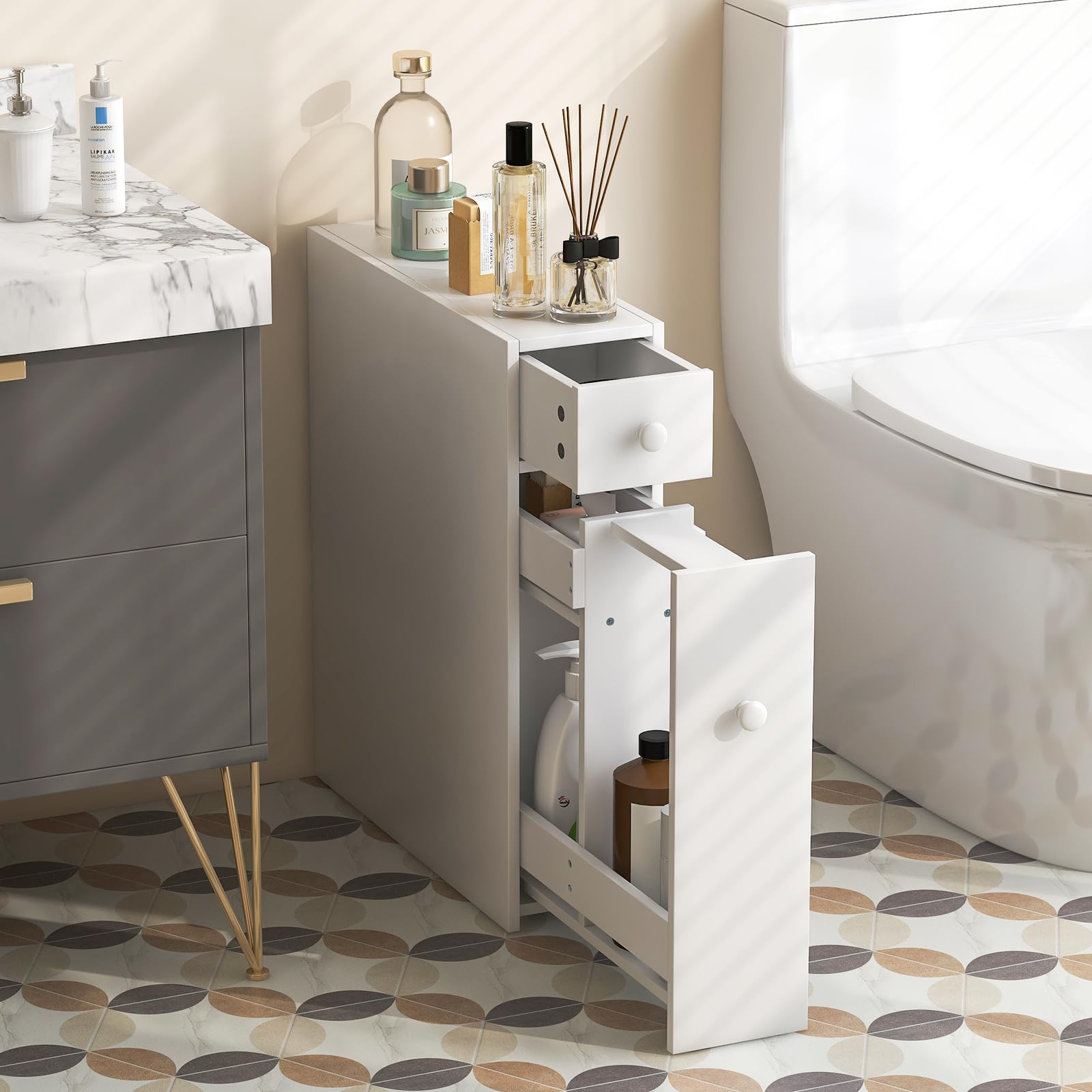 Tangkula Slim Storage Cabinet, Free Standing, with Slide Out Drawers, Narrow Floor Bathroom Organizer Next to Toilet, Toilet Paper Holder, 19 x 6.5 x 23 Inches (White)