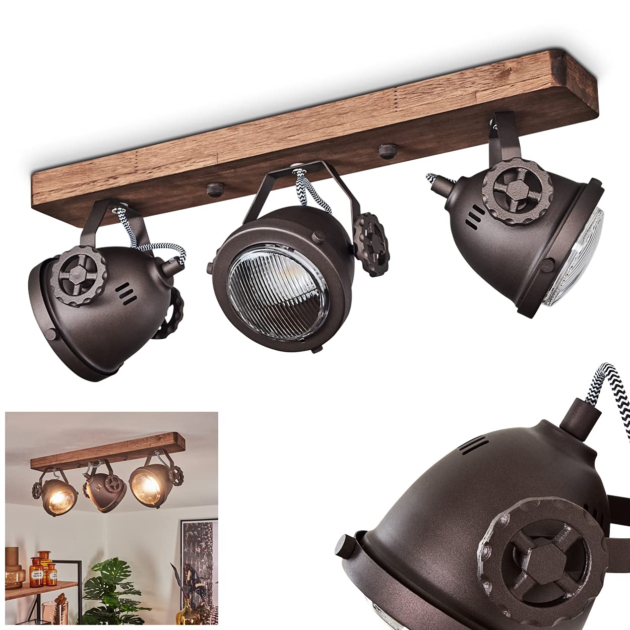 Ceiling Light Herford, 3-Flame Room lamp in Metal and Wood in Brown with Glass lampshade, Spots can be Turned and swivelled, 3 x GU10, Without Bulbs