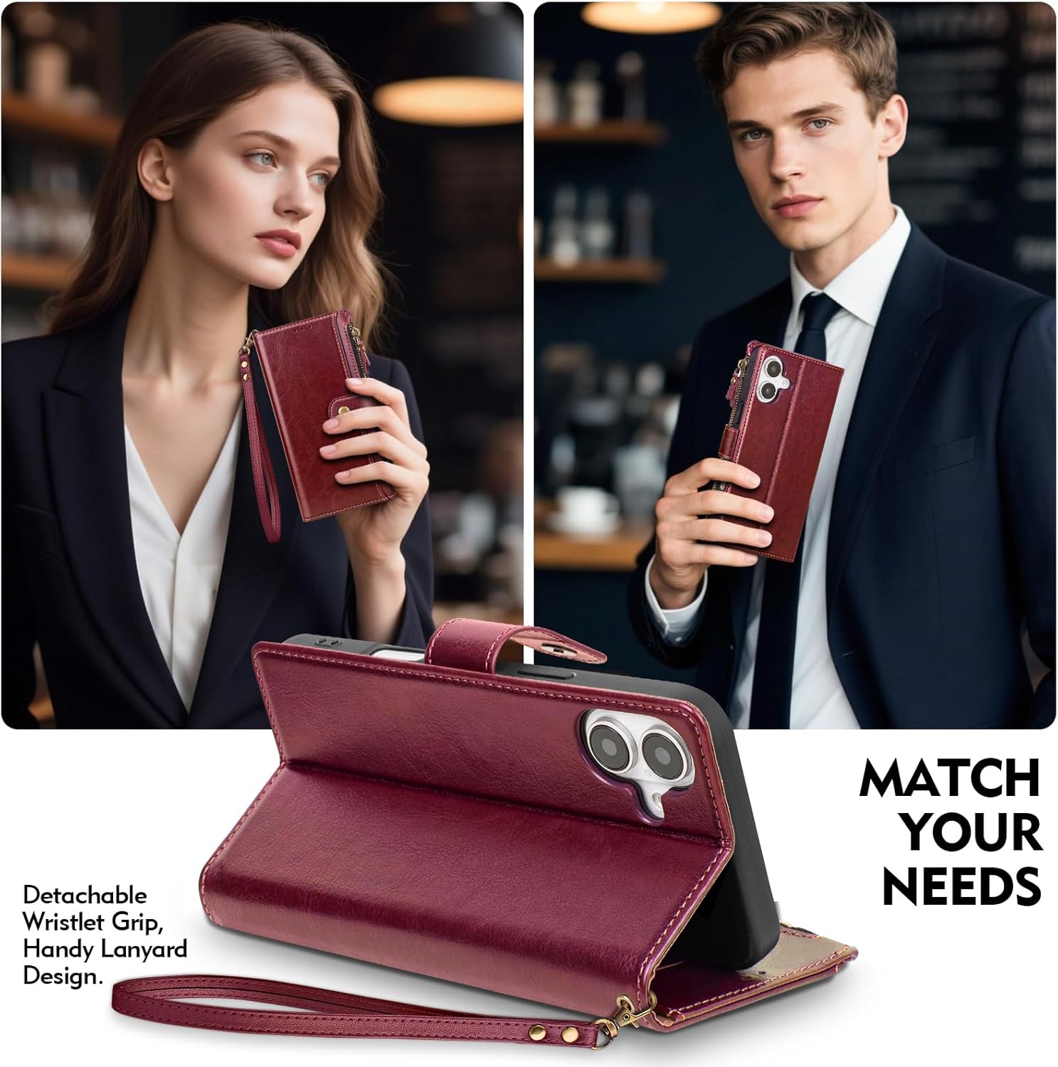 Compatible with iPhone 17 Wallet Case with Card Holder RFID Blocking Zipper Poket PU Leather Flip Phone Case with Wrist Strap Credit Card Slots Men Women,for Apple 17 6.3",Wine Red - Image 4