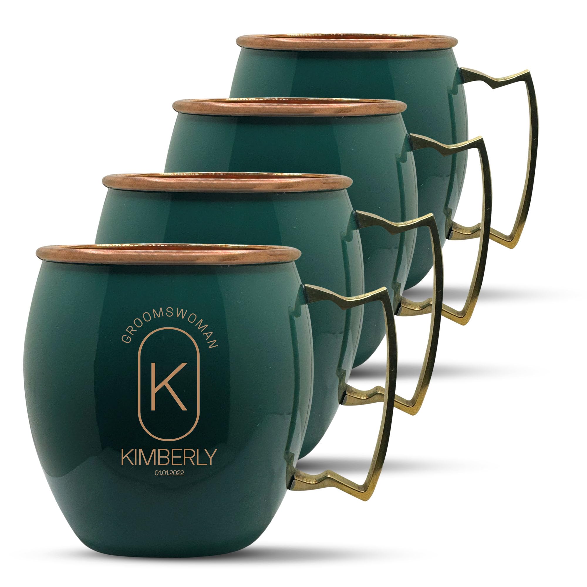 Custom 100% Copper Moscow Mule with Smooth Painted Finish - Engraved Bar Style Cup with Personalized Groomswomen Monogram Oval Border Themed Engraving, Brass Handle | 18 oz, Green | Set of 4
