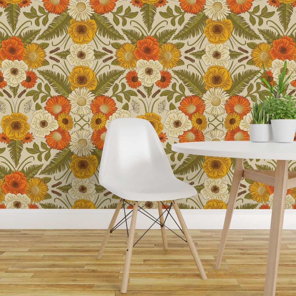 Spoonflower Removable Wallpaper 3ft x 2ft - Retro Floral Vintage Flowers Fashion Custom Pre-Pasted Wallpaper