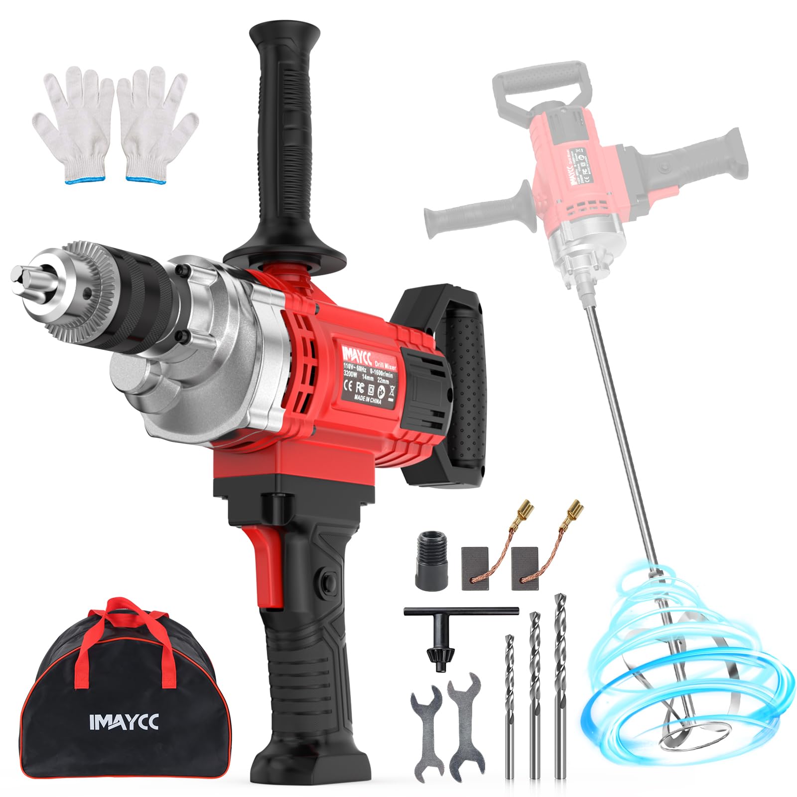 IMAYCC Neu 2-in-1 Bohren Rührwerk Set, Tragbarer Betonmischer 3200W 20A für Bohren und Mischen, Variabler Geschwindigkeit Betonschlamm Mixer, Ideal für Futtermittel, Putz, Farbe, Zement, Mörtel etc.