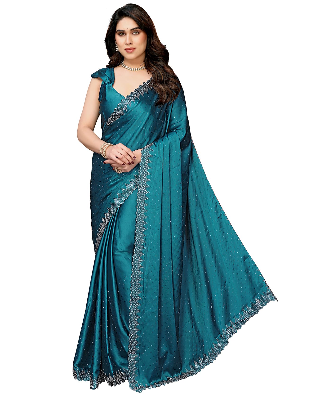 yashika Women's Hot Fix Work and Solid Color Satin Moss Saree With Unstitched Blouse Material-picture-7