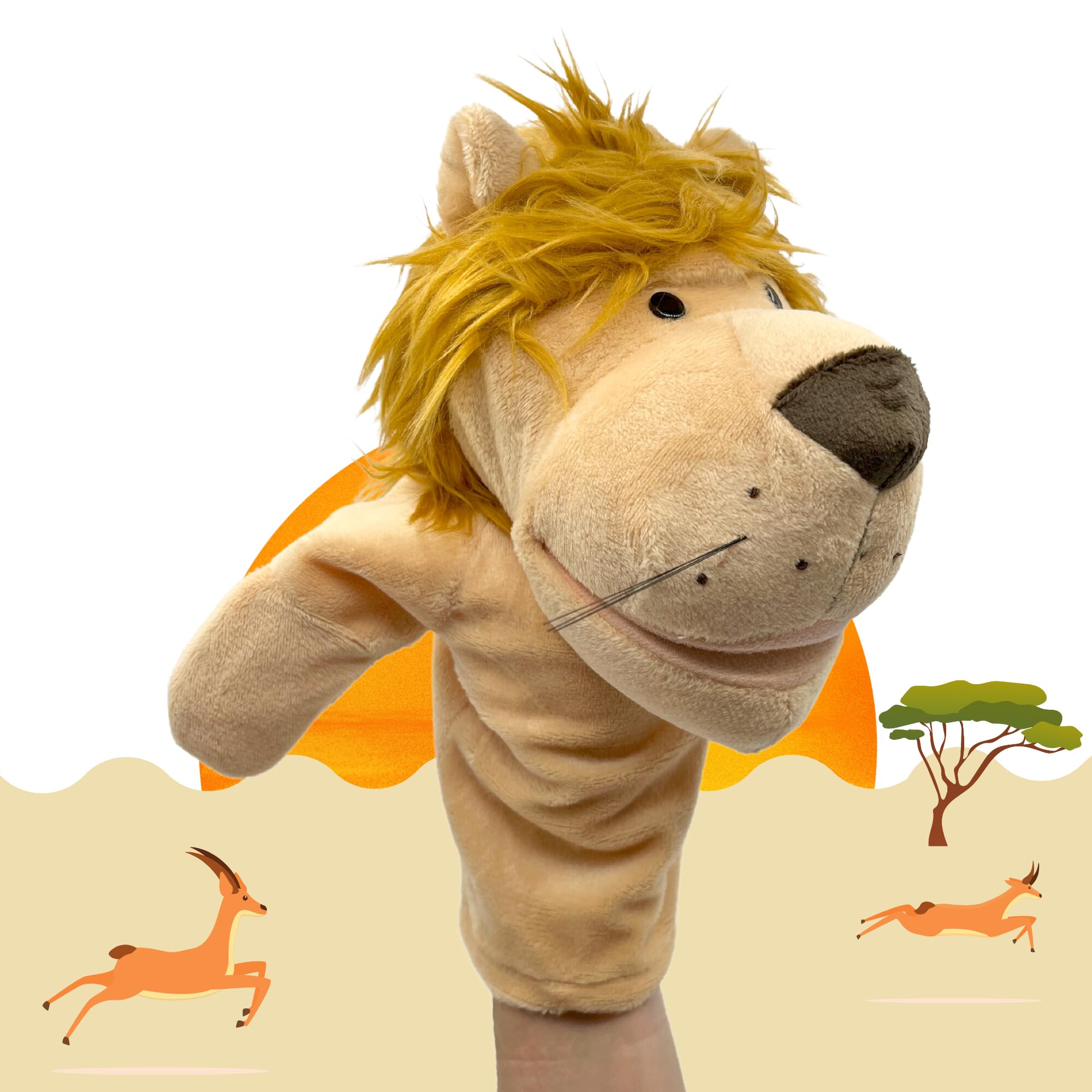 PLAYZOCO Marioneta Mano Peluche de Leon, Títere de Mano de Leon, Finger Puppet, Marioneta Animales, Juguete Educativo, Material Algodón de Felpa y PP, Tamaño 25 cm, Diseño Leon