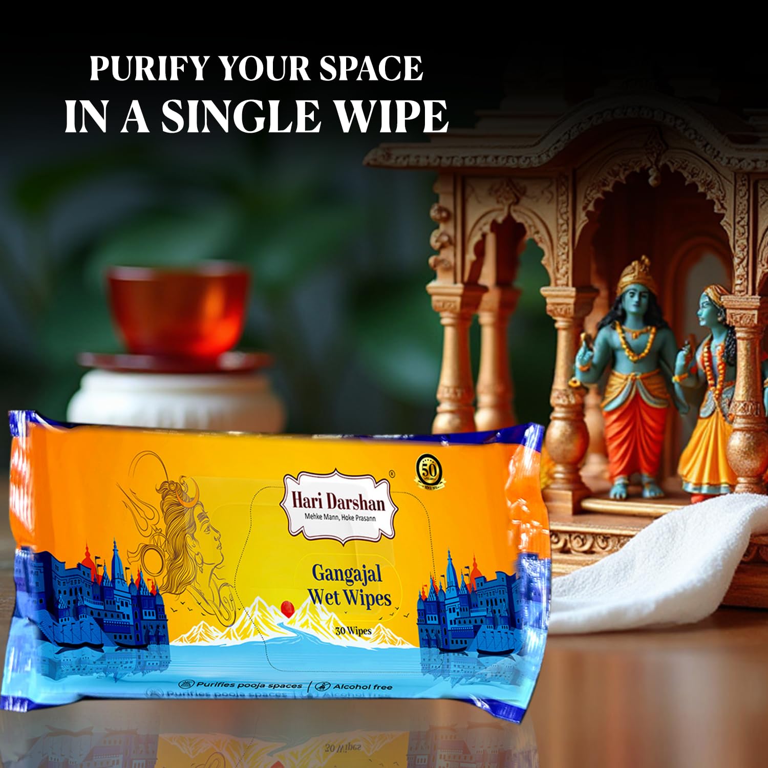 Hari Darshan Gangajal Wet Wipes for Pooja & Rituals | Pack of 2 (30 Wipes Each) | Alcohol-Free, Germ Protection, Fast-Drying | Purifying Wipes with Ganga Water | Multipurpose Use | Fresh Scent 2