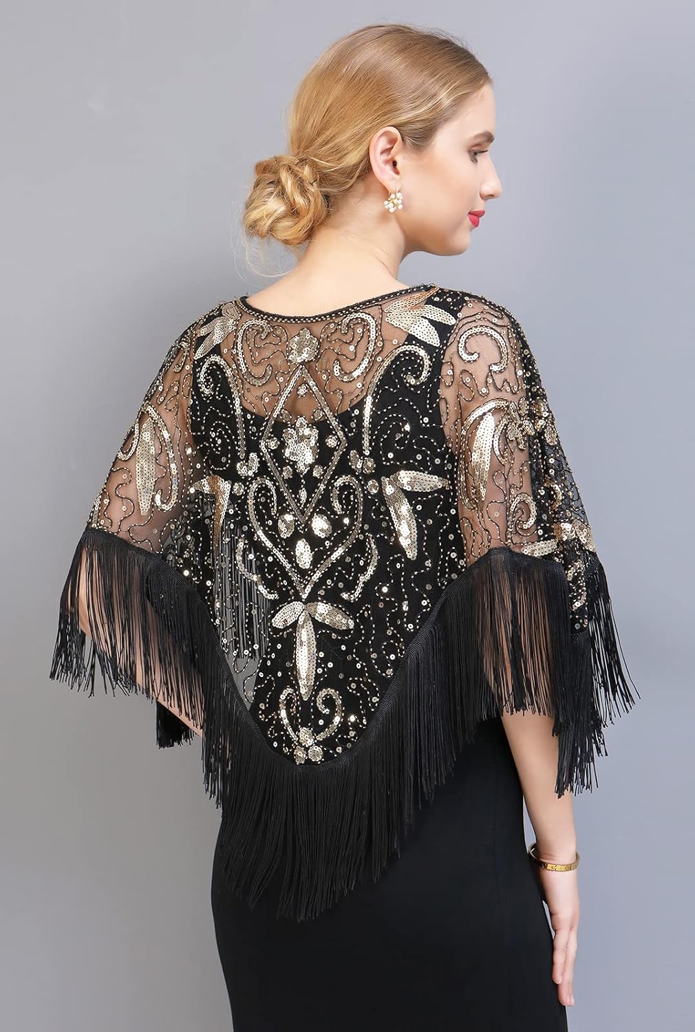 Z&X Women's 1920s Beaded Sequin Shawl Wrap Fringed Evening Party Cape Wedding Bridal Cover Up Scarf - Image 3