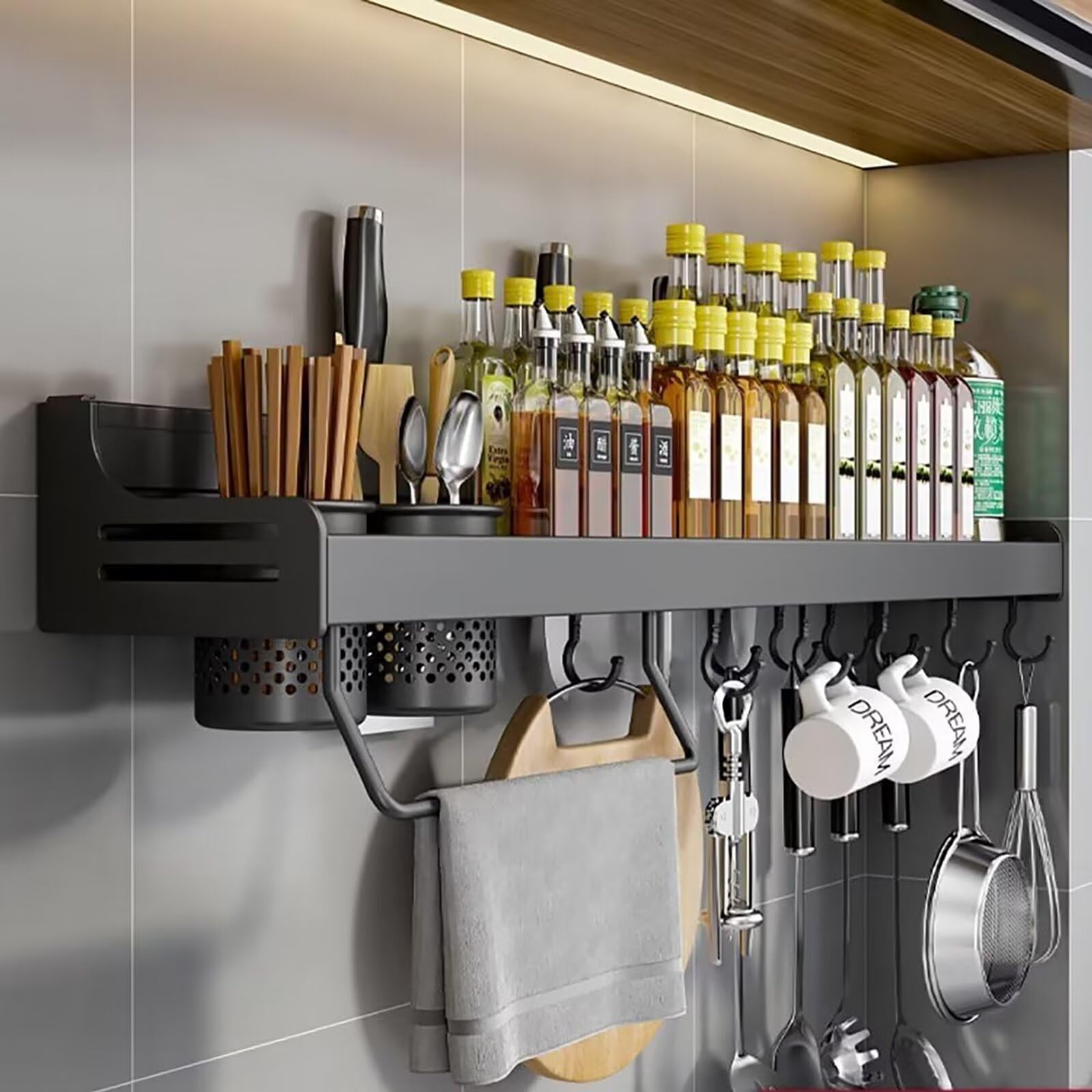 ZOKT Spice Rack Organiser, Spice Racks Wall Mounted, With Adhesive Stickers Kitchen Spice Organiser, Wall Mounted Spice Rack is Suitable for Ceramic tile Wall, Glass, Black 80cm. — image 1
