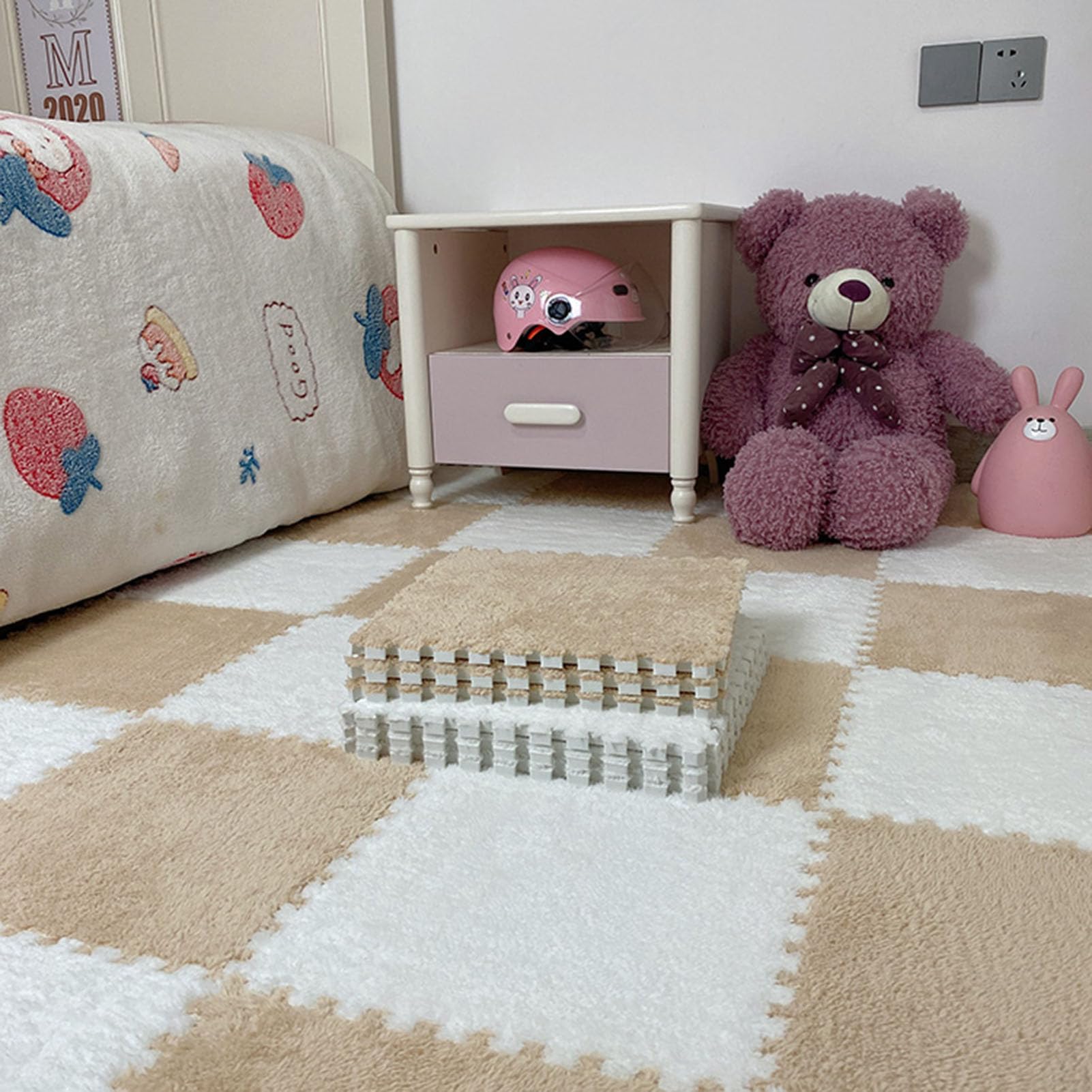 Piastrelle per Moquette ad Incastro Splice, Tappetino in Schiuma di Peluche, 64 tappetini Puzzle di Peluche, Blocchi di Tappetino Puzzle di Peluche Soffici tappeti in SCH,Light Coffee+White