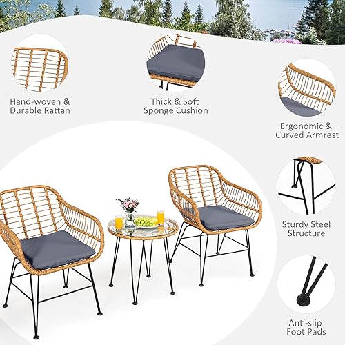 Miniatura 6 de Tangkula Juego de 3 piezas de patio bistró, juego de conversación de ratán con 2 sillones acolchados y mesa de centro redonda de vidrio, juego de