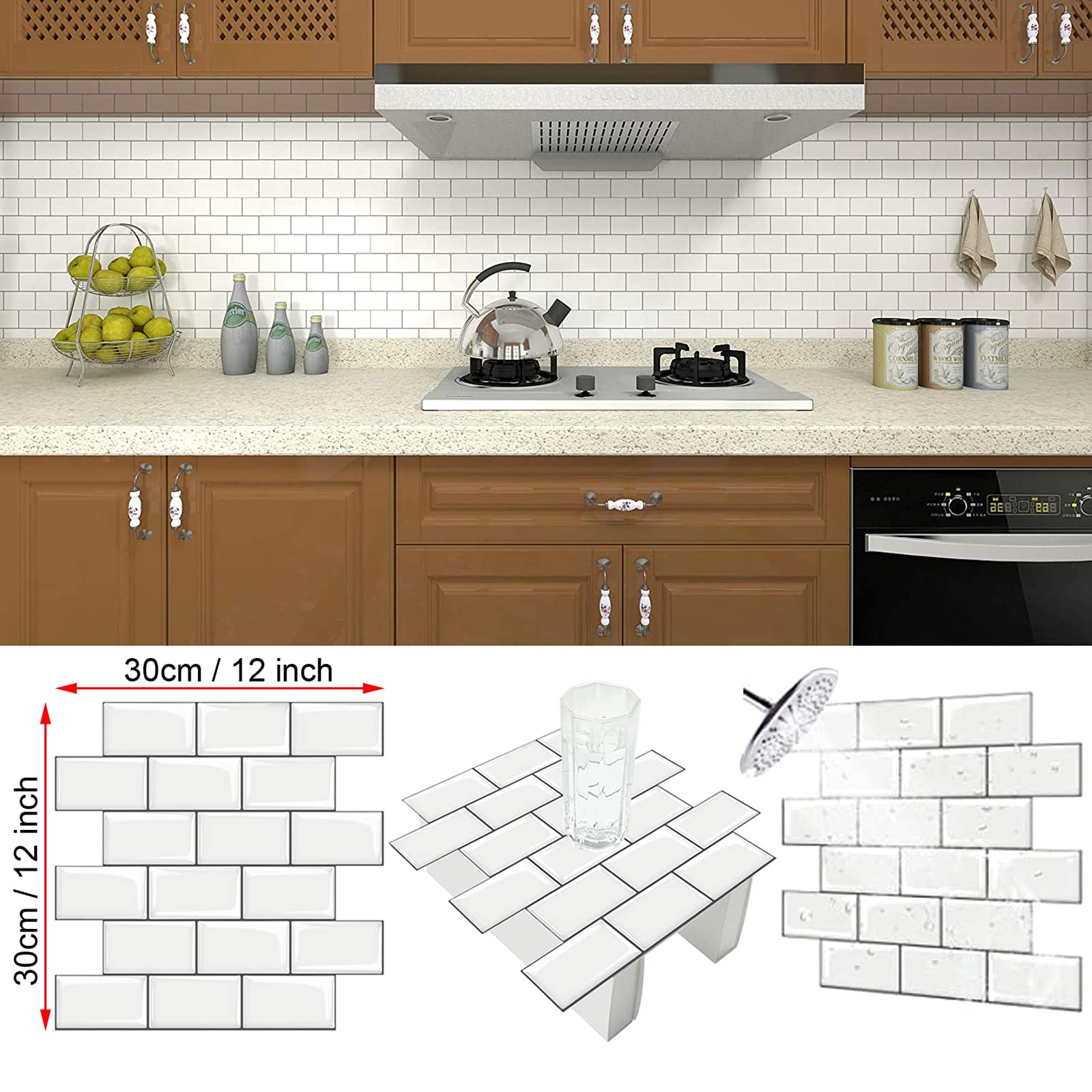 ICEWAVEPeel and Stick Tile Backsplash for Kitchen/Bath, Stick on Tiles Splashback, Self Adhesive White Subway Tile Stickers Backsplash Wall Tiles 12" x 12"(5 Sheets,Thicker Design,White)