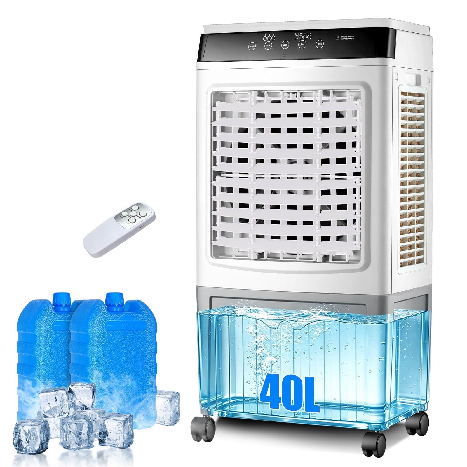 Raffrescatore Evaporativo Industriale 40L, Rinfrescatore d'Aria Professionale 100W, Portata 3000m³/h con 3 Filtri a Nido d'Ape, Timer 7.5H, Telecomando, per Grandi Ambienti, Garage