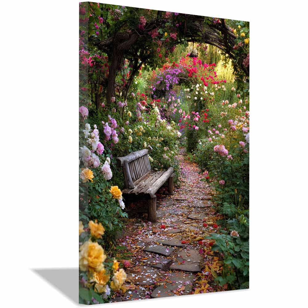 Hoqiu Multicolor Nature Wall Art Ros Garden Pathway Pictures, Print Canvas Poster Decor For Living Room, Bathroom Canvas Art, For Bedroom Home Decoration.(Multicolor)-70X100cm Framed