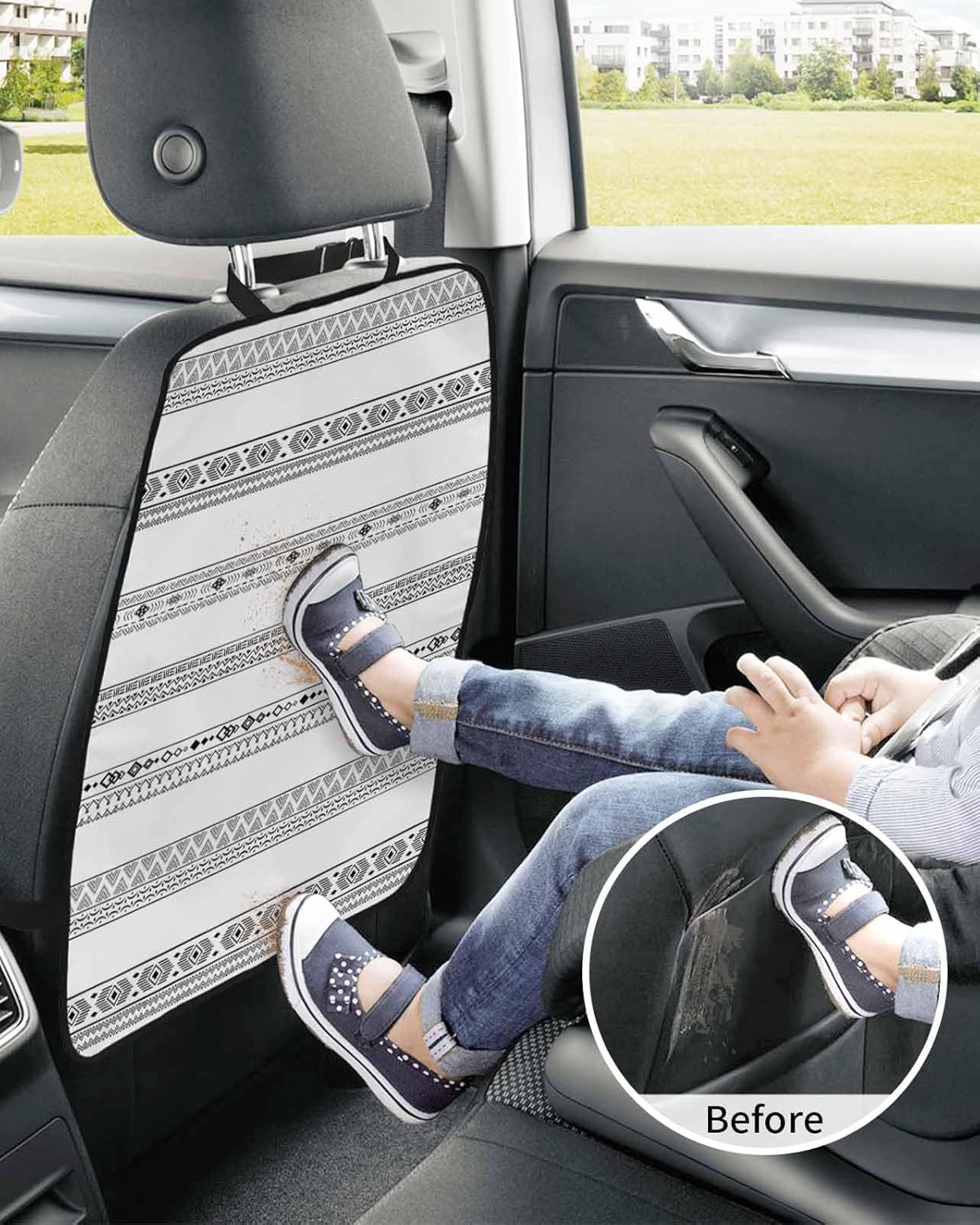 T&H XHome Car Seat Protector, 2 Pack Kick Mats Back Seat Protector Geometric Hand Drawn White Ethnic Stripes Waterproof Backseat Cover for Kids Universal Fit Automotive Interior Protectors