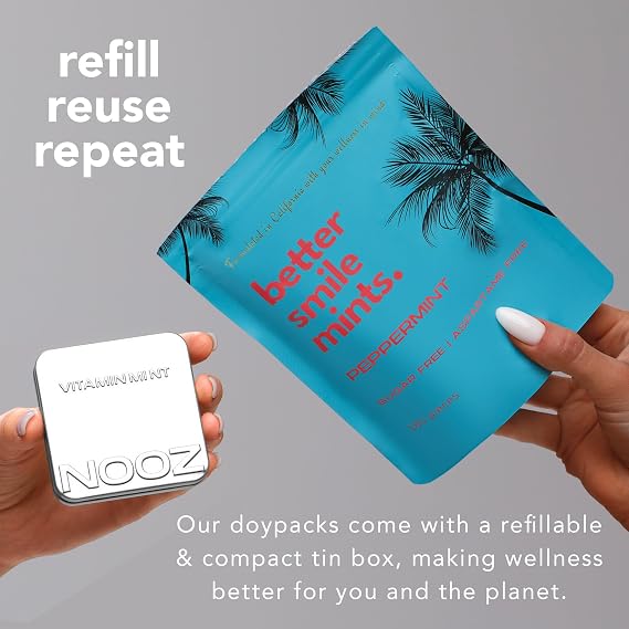 NOOZ Better Smile Mints 180 Count | Oral Health & Fresh Breath Support | Gum & Teeth Care, pH Balance | Sugar-Free, Aspartame-Free | Peppermint Flavor | Includes Premium Refillable Tin