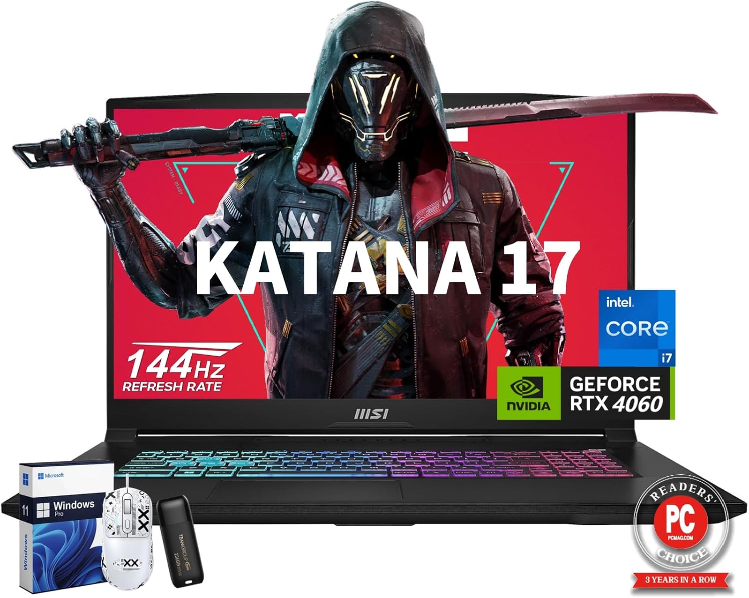 MSI Katana 17 Gaming Laptop, NVIDIA RTX 4060, Intel 13 Gen i7 13620H, 17.3″ 144 Hz FHD Display, 32 GB DDR5 RAM, 1 TB SSD, Cooler Boost 5, Hi-Res Audio, Windows 11 Pro, Gaming Mouse & 256G UFD