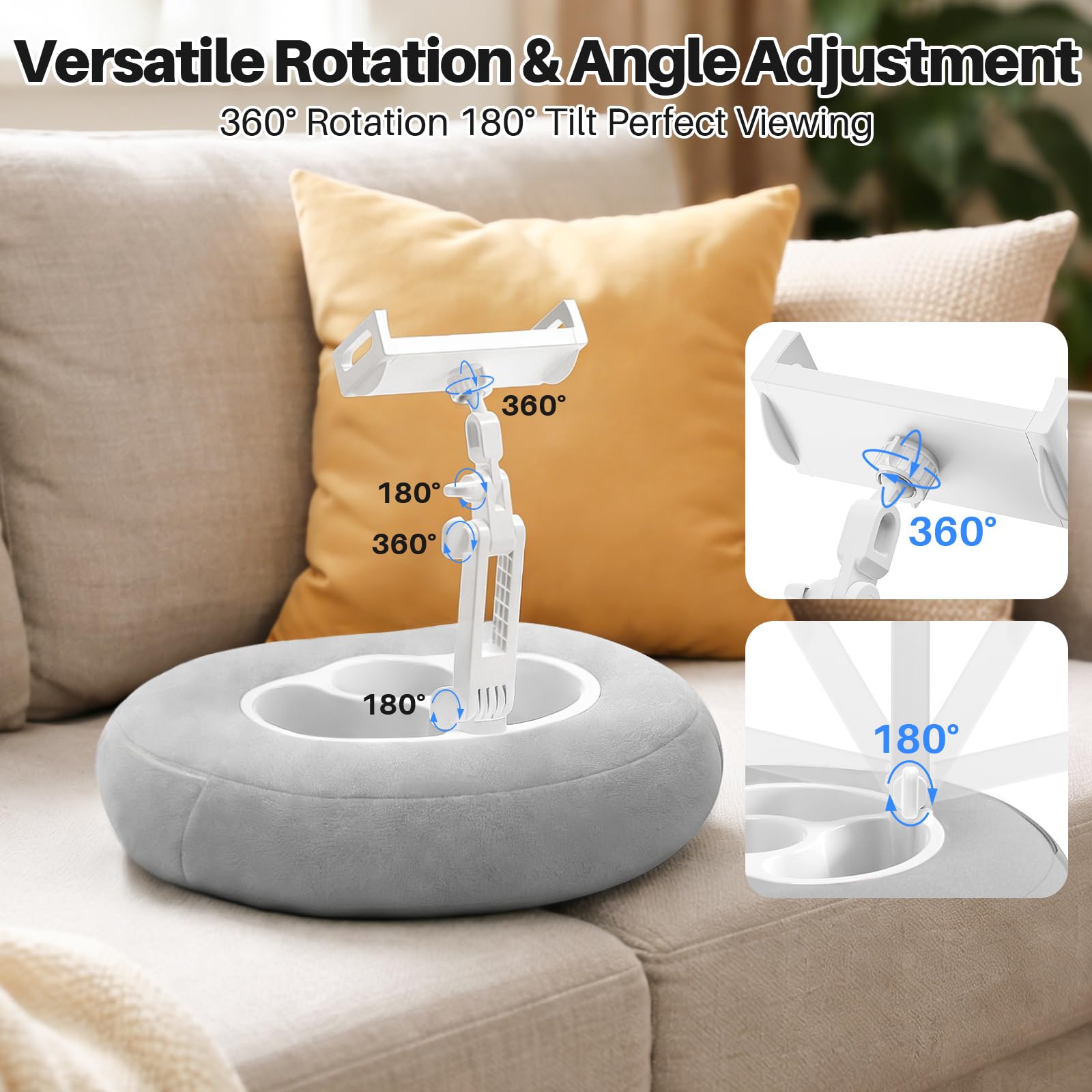 Grauer Kindle-Kissenständer mit schwarzer Fernbedienung, verstellbarer Kindle-Halter für Bett, Sofa, 2-in-1-Ständer und Seitenwender für Kindle/Tablet, weicher Plüsch zum Lesen im Bett