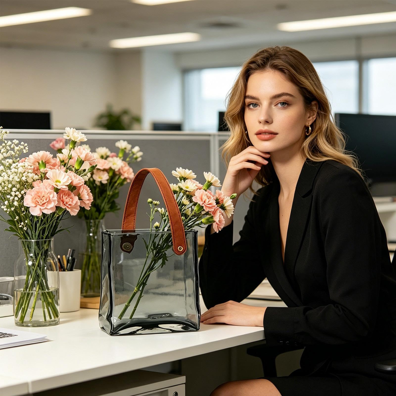Glas-Handtaschenvase Moderne Wohndeko Tischdekoration | Blumengesteck Niedliche Vase Glastasche für Wohndeko Schlafzimmer Wohnzimmer Büro Landhausstil Geburtstag Einweihung