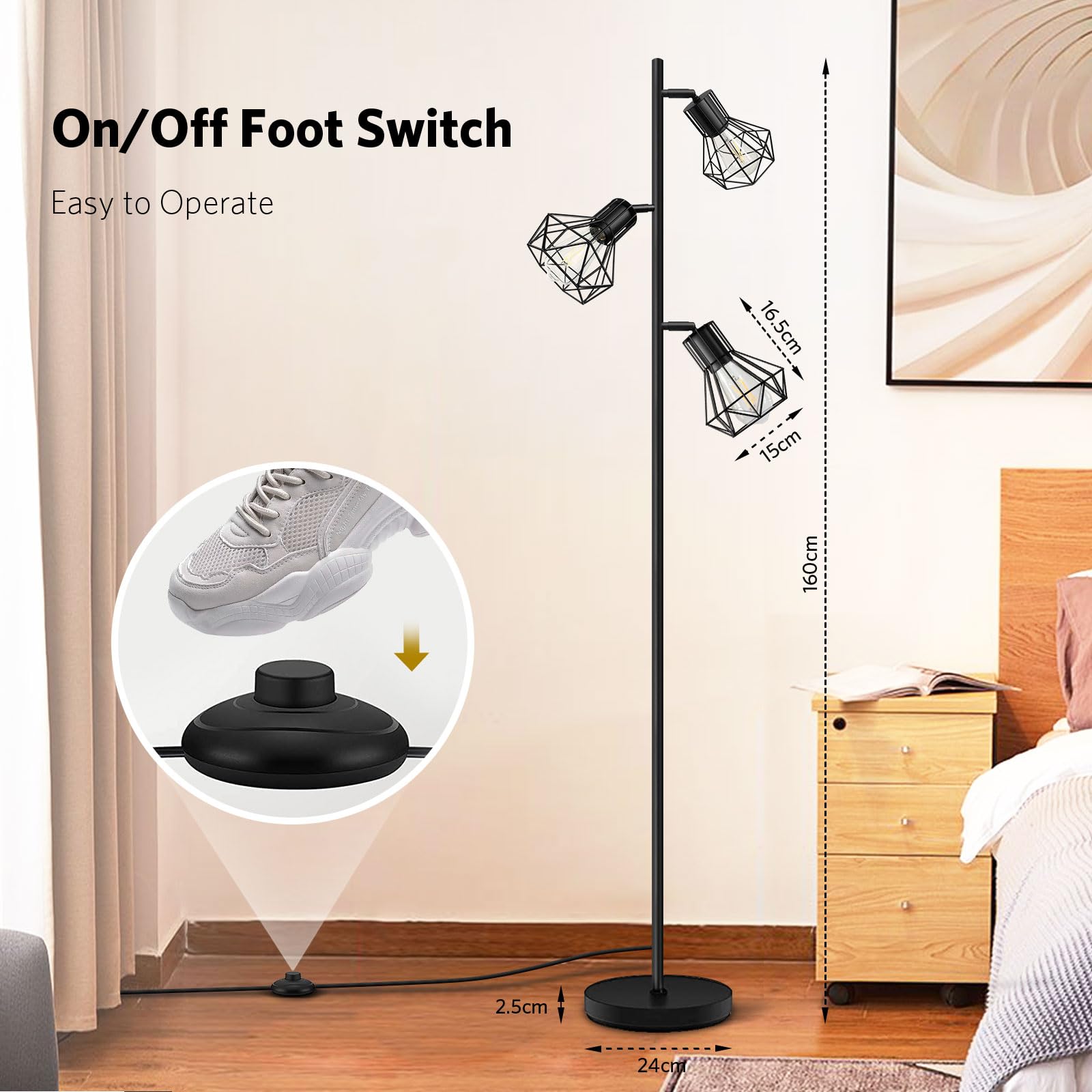 BBHome Lampada da terra industriale, lampada da terra ad albero di fattoria con teste a gabbia regolabili, lampade da terra rustiche per ufficio camera da letto soggiorno, nero (lampadine non incluse)