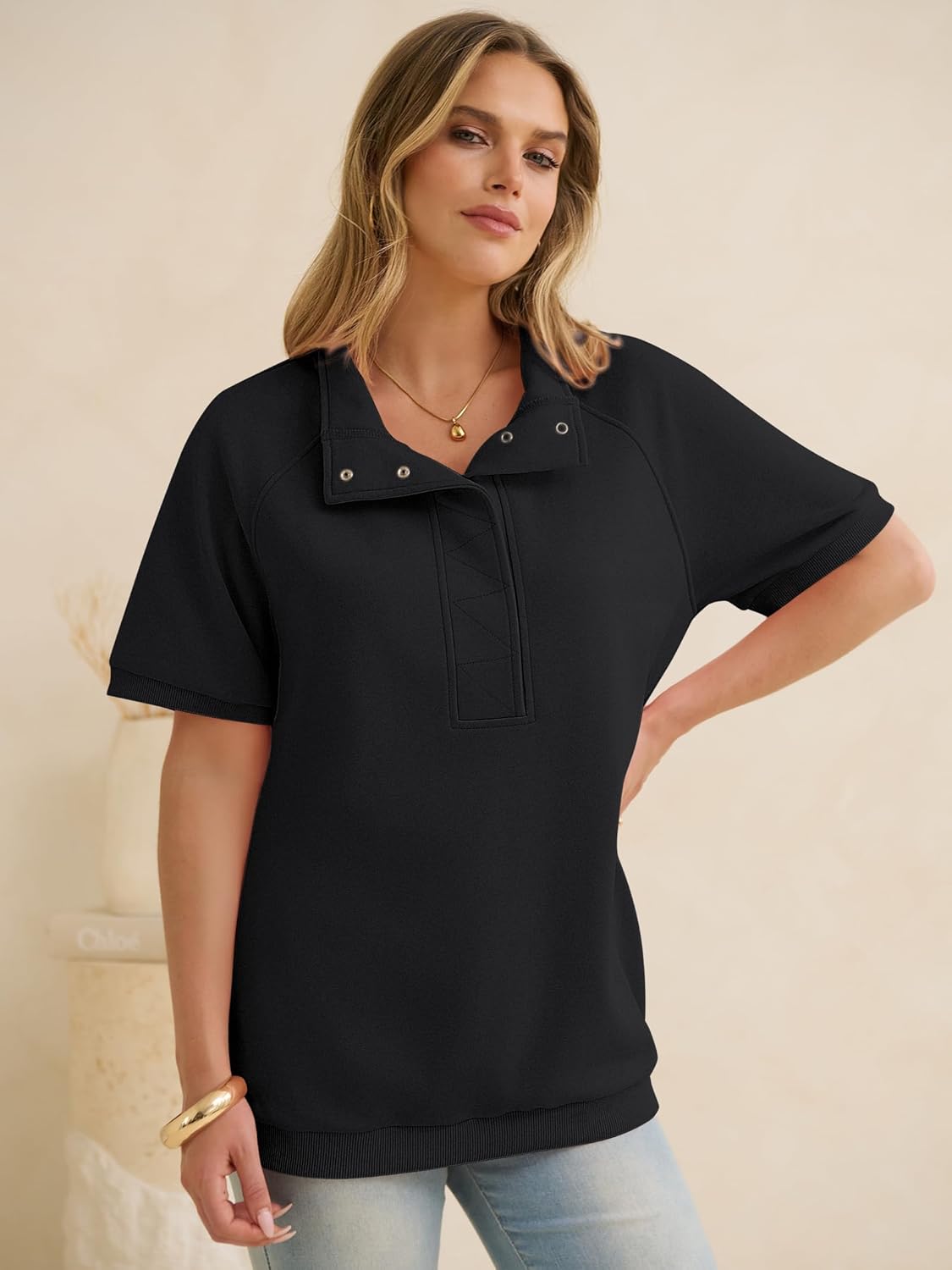 ANRABESS Womens Short Sleeve Tops Oversized Lightweight Sweatshirt Polo Shirts 2026 Summer Casual Button Pullover Top Outfits - Image 2