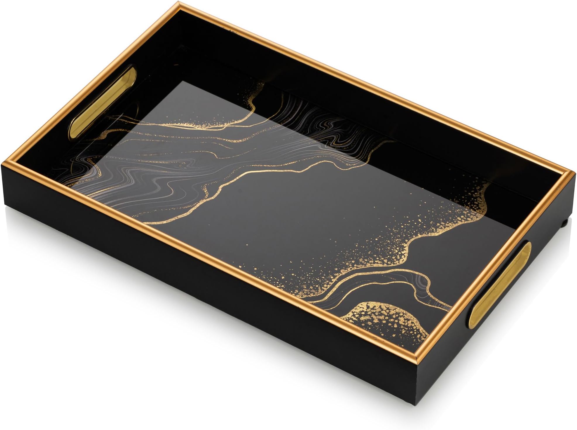 Hanobe Decorative Serving Tray Black: Coffee Table Tray with Handles for Ottoman Home Decor Modern Gold Rim Glass Drink Trays for Kitchen Counter Decanter Bar, Easy to Clean