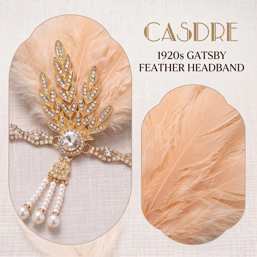 CASDRE Gold Feather Pearl Headband 1920s Headpieces Crystal for Women image 5