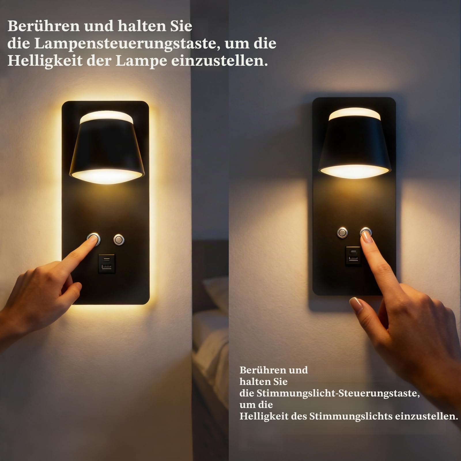 LED Wandleuchte Innen, 3 IN 1 LED Wandleuchte mit Schalter, 12W Dimmbar Nachttisch Leselampe mit USB Ladeanschluss, LED Wandleuchte für Hotelflur, Innenbereich, Nachttischlampe Wohnzimmer(2PCS)