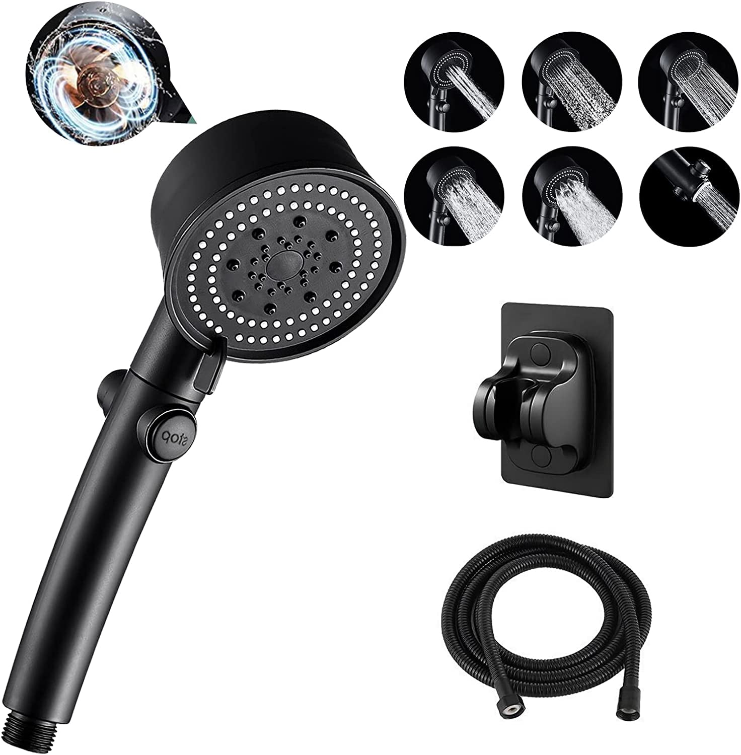 TECHVIDA Chrome High Pressure Shower Head,Handheld Shower with Pause Switch, 5 Spray Modes Shower Head with Filter Hose and Adjustable Bracket，360 Degree Rotating Handheld Shower Head Combo (Black)