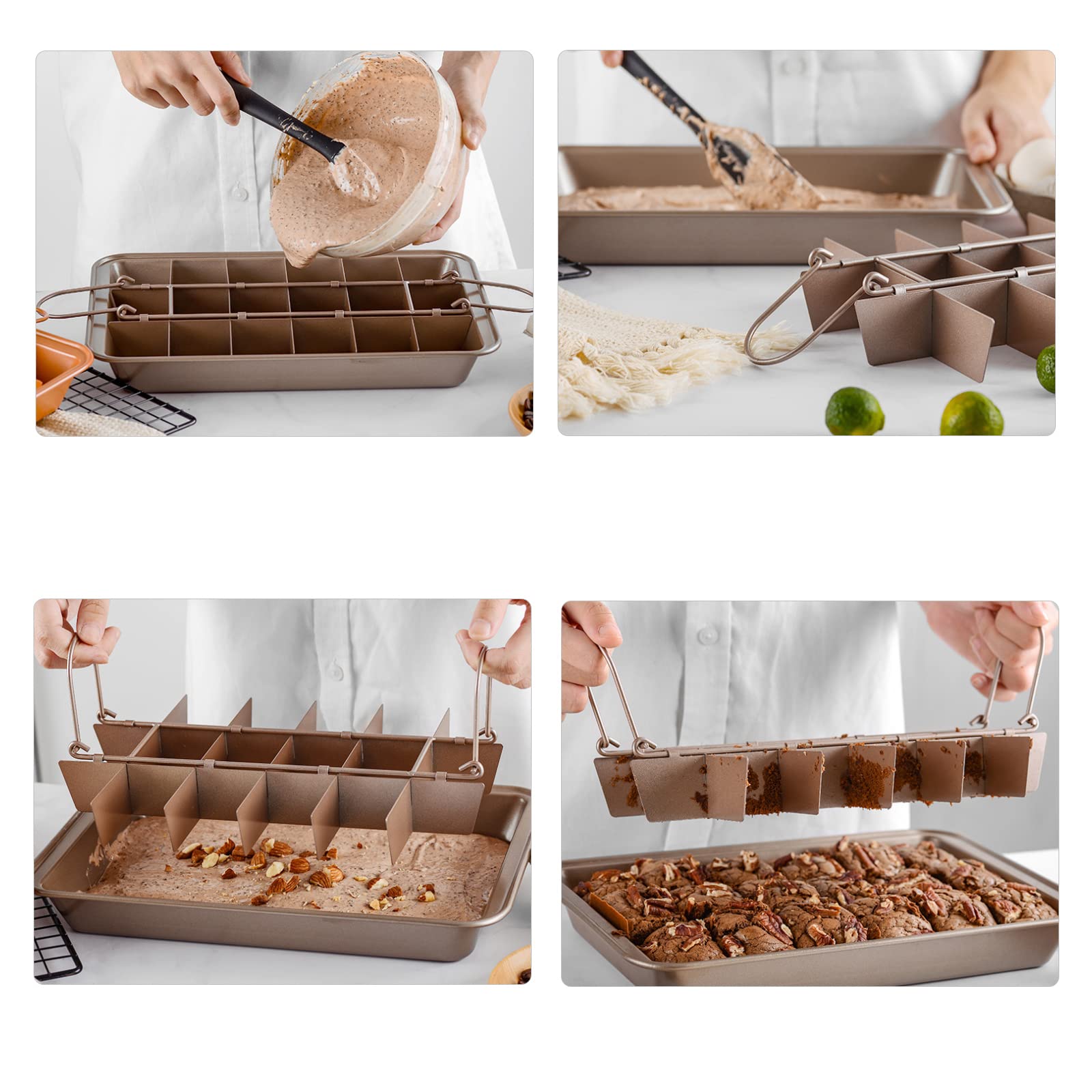 Molde para brownie con divisores, bandeja antiadherente para hornear brownies, bandeja de acero al carbono para hornear 18 piezas con empuñaduras para hornear pan, bandeja cuadrada para hornear